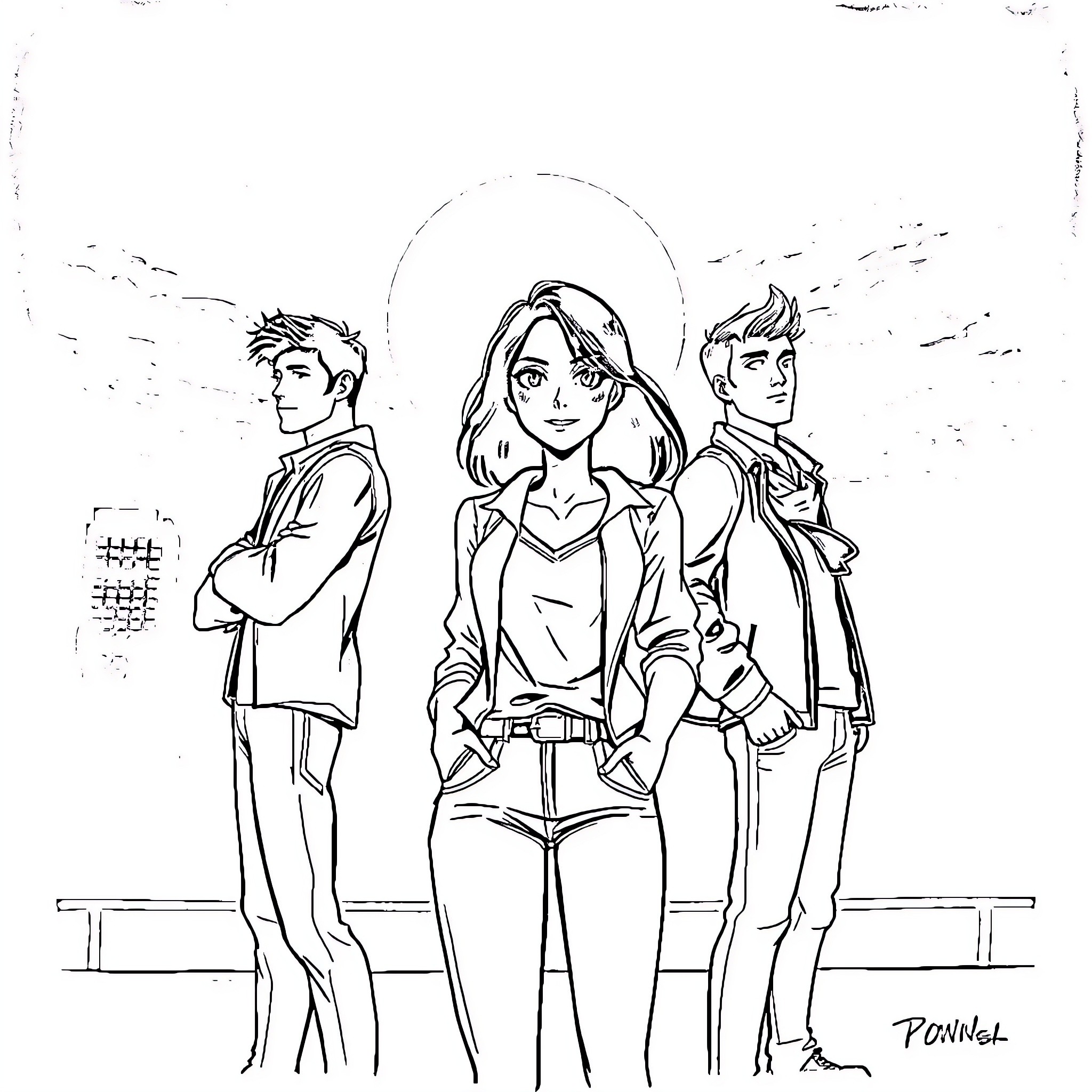 Character trio in casual modern attire Coloring Page (free black-and-white line drawing printable PDF for all, from beginners to advanced learners, including children, teens, adults, and seniors)