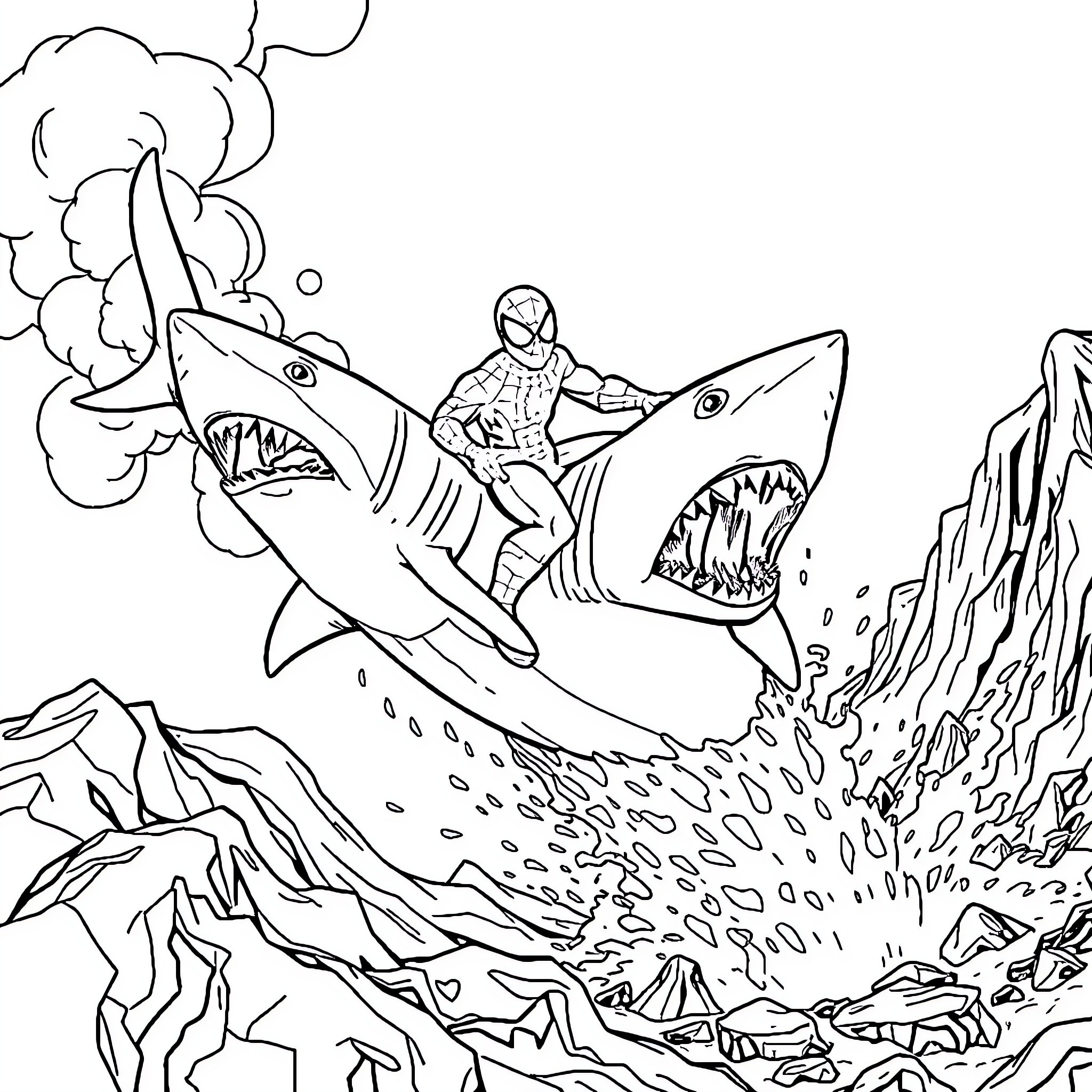 Spiderman battles giant sharks in a rocky undersea scene Coloring Page (free black-and-white line drawing printable PDF for all, from beginners to advanced learners, including children, teens, adults, and seniors)