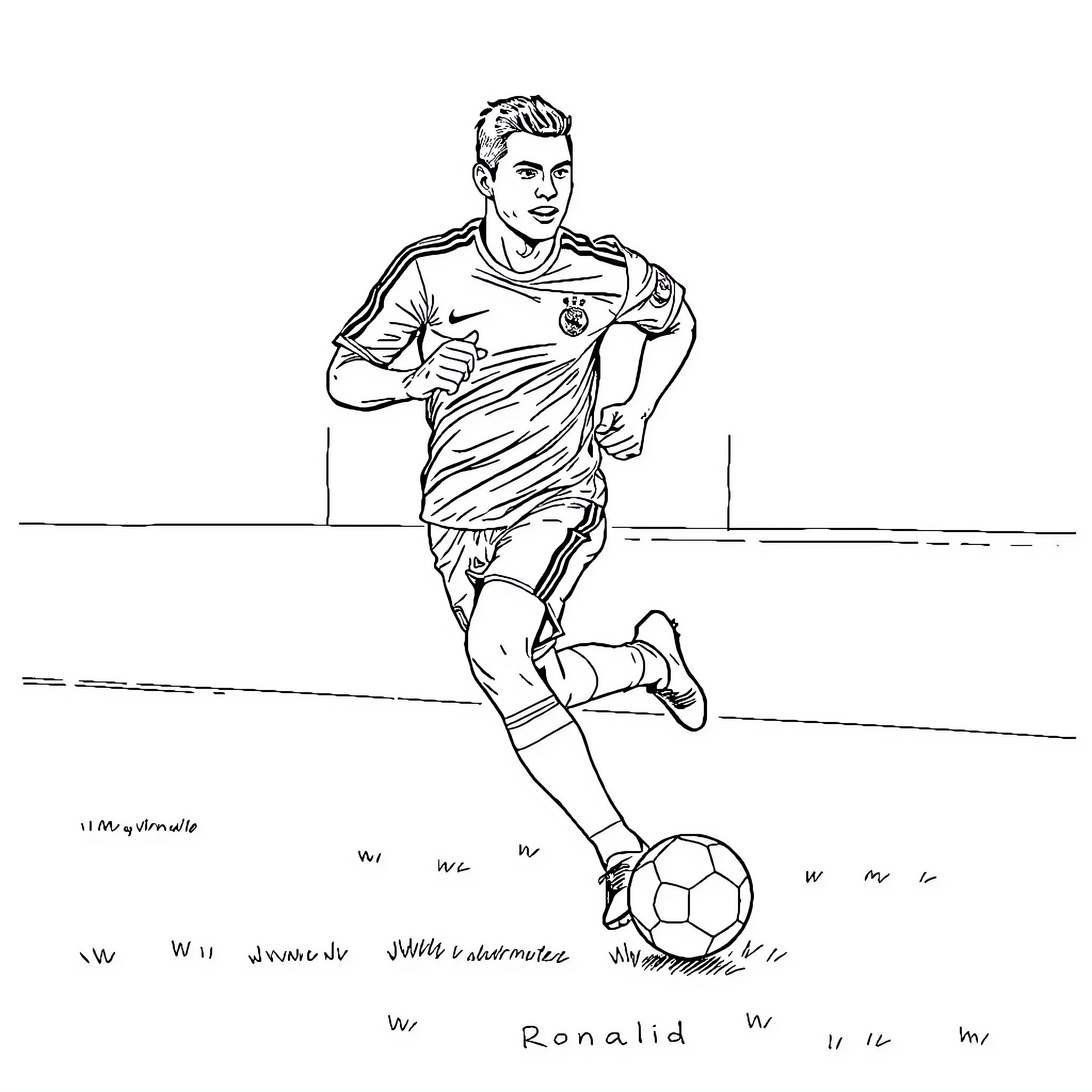 Ronaldo running with soccer ball in action Coloring Page (free black-and-white line drawing printable PDF for all, from beginners to advanced learners, including children, teens, adults, and seniors)