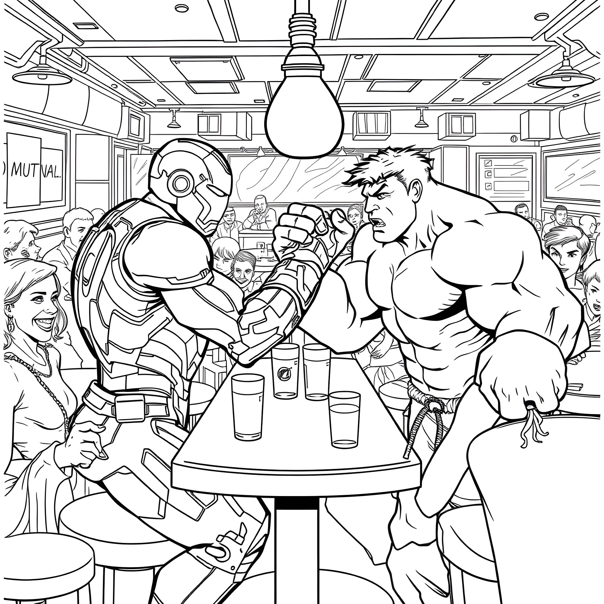 Iron Man and Hulk arm wrestling in a crowded bar Coloring Page (free black-and-white line drawing printable PDF for all, from beginners to advanced learners, including children, teens, adults, and seniors)