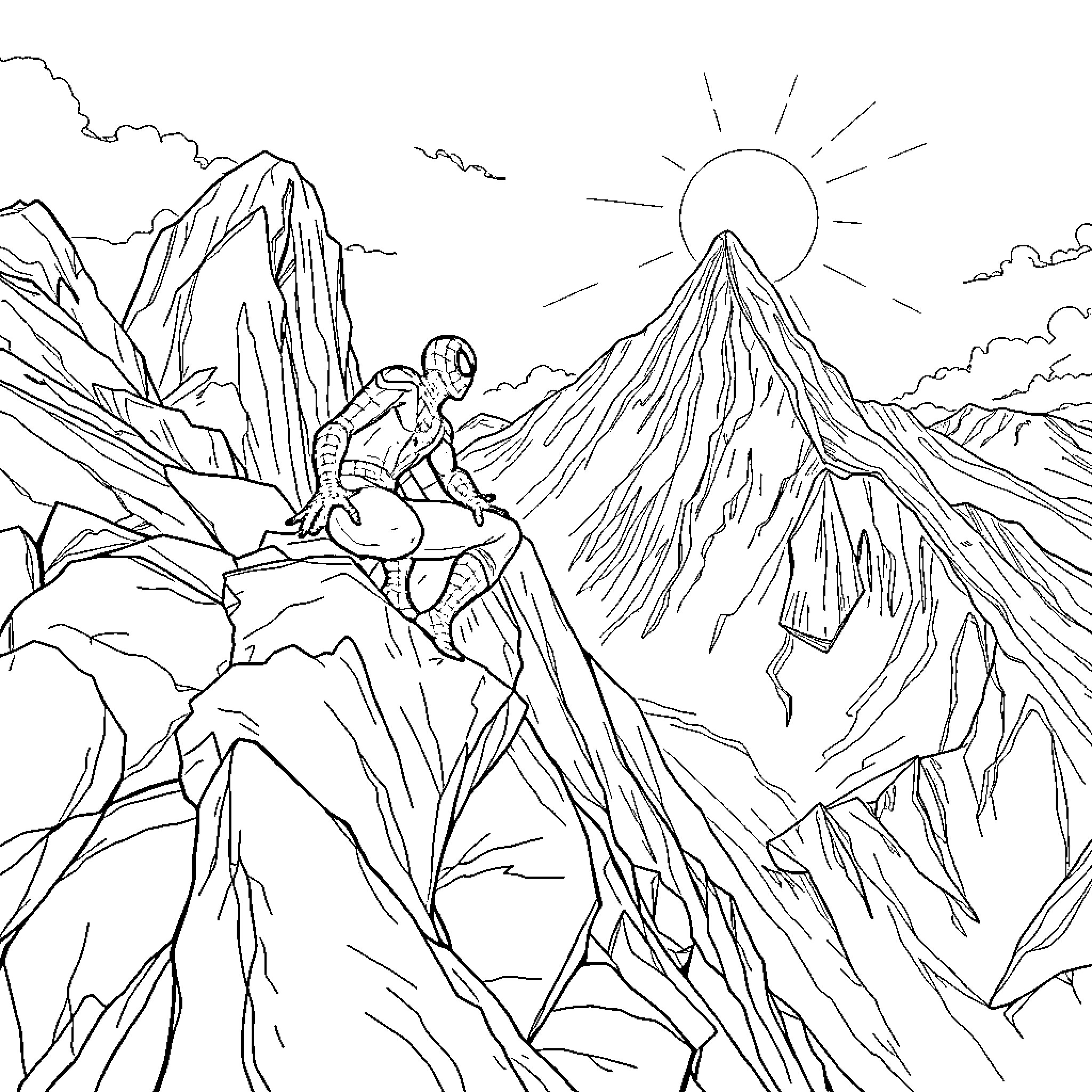 Spiderman scaling mountainous terrain in heroic pose Coloring Page (free black-and-white line drawing printable PDF for all, from beginners to advanced learners, including children, teens, adults, and seniors)