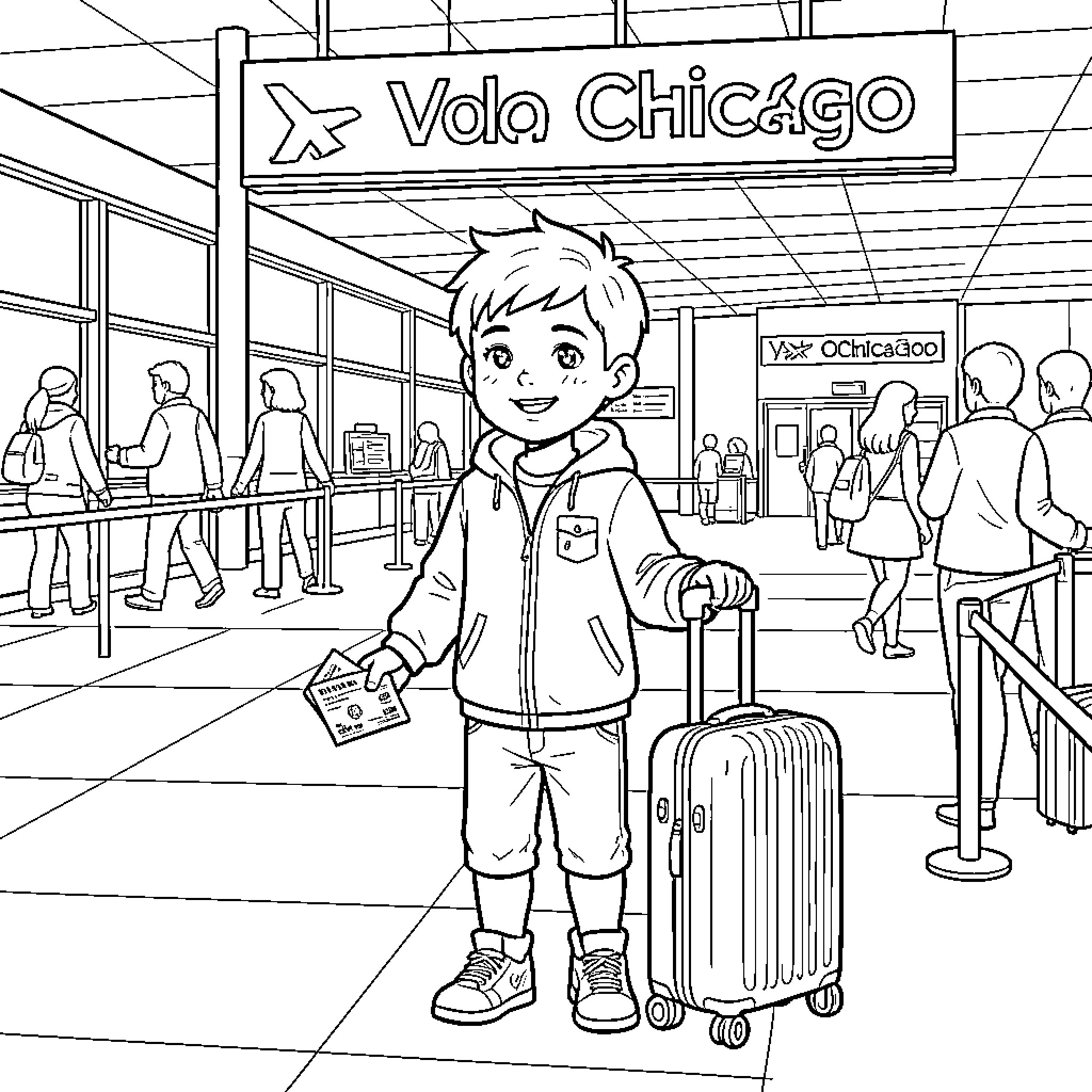 Enfant standing with luggage at the airport terminal Coloring Page (free black-and-white line drawing printable PDF for all, from beginners to advanced learners, including children, teens, adults, and seniors)