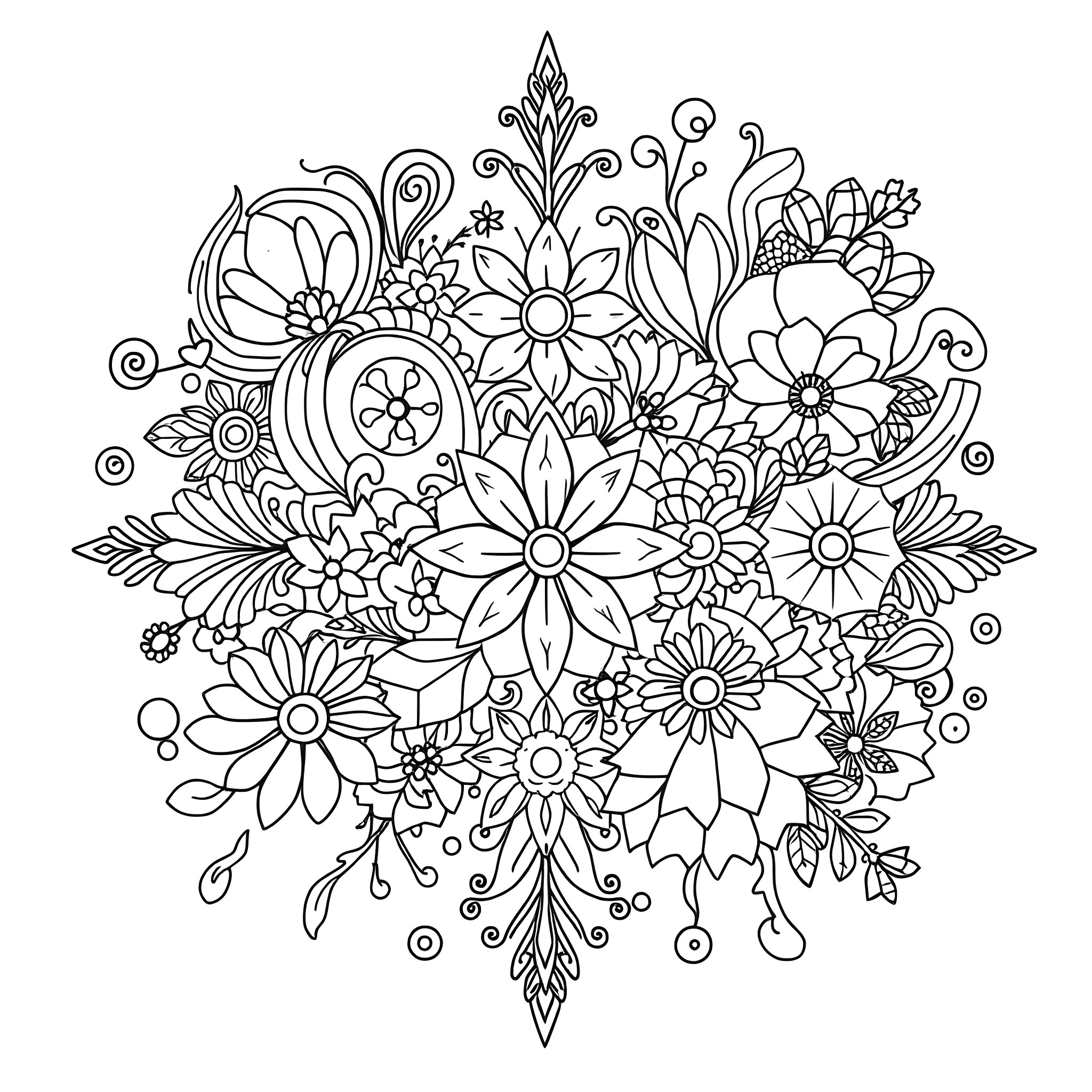 Doodle of Whimsical Floral Arrangement Coloring Page (free black-and-white line drawing printable PDF for all, from beginners to advanced learners, including children, teens, adults, and seniors)