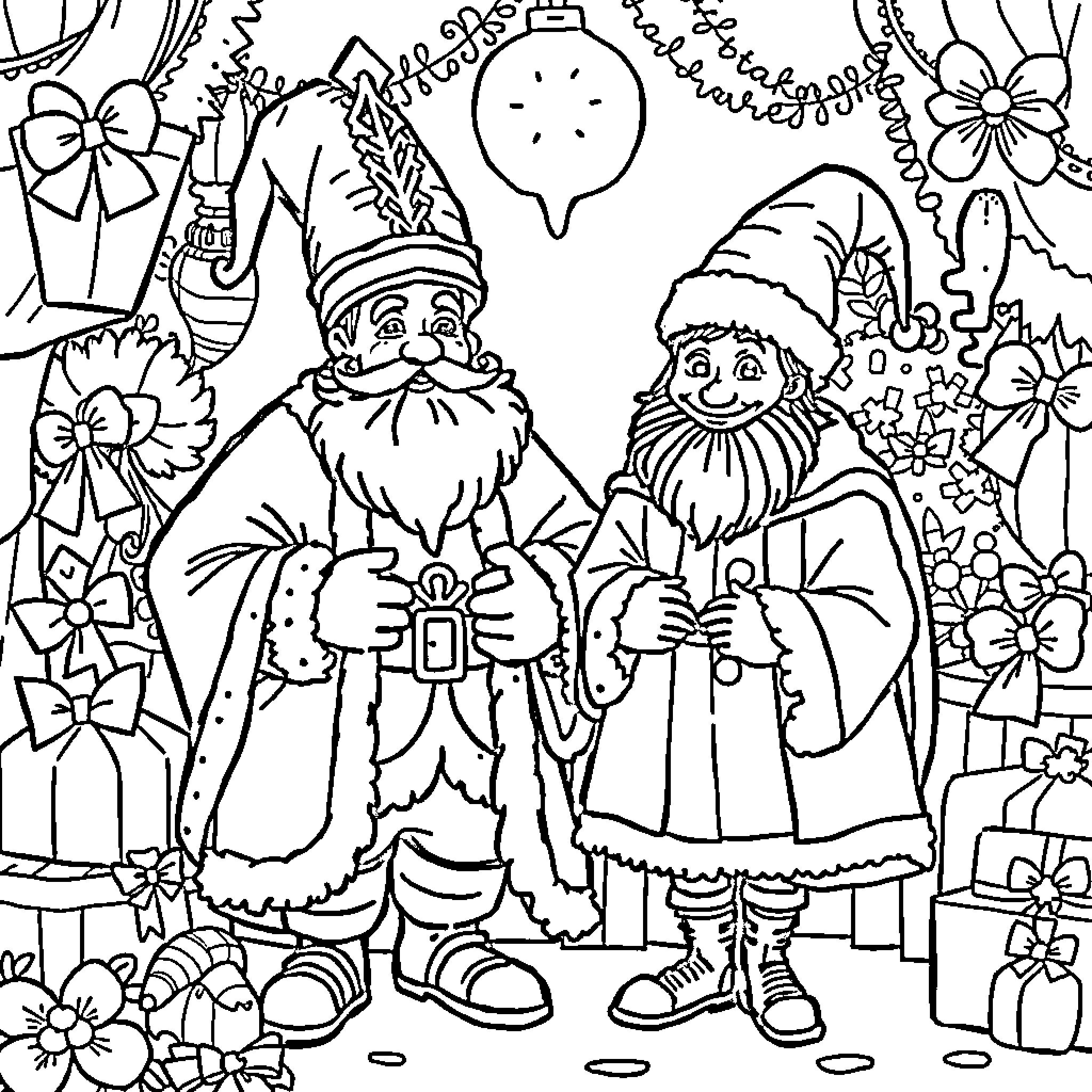 Sinterklaas Celebrating with Christmas Decorations and Companions Coloring Page (free black-and-white line drawing printable PDF for all, from beginners to advanced learners, including children, teens, adults, and seniors)