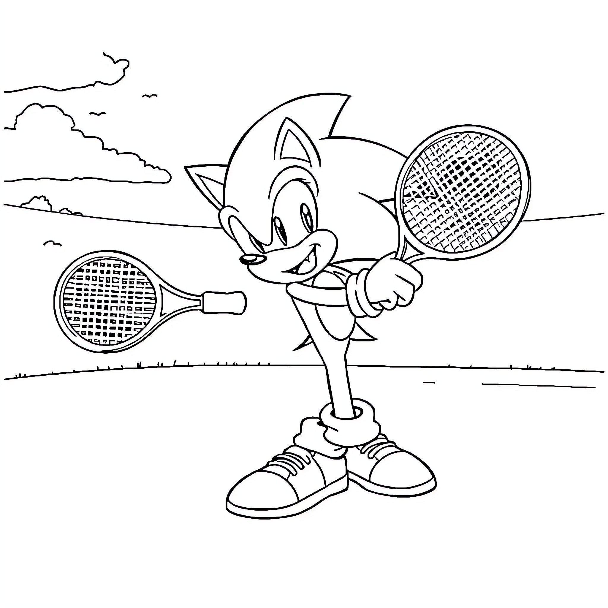 Sonic playing tennis happily on the court Coloring Page (free black-and-white line drawing printable PDF for all, from beginners to advanced learners, including children, teens, adults, and seniors)