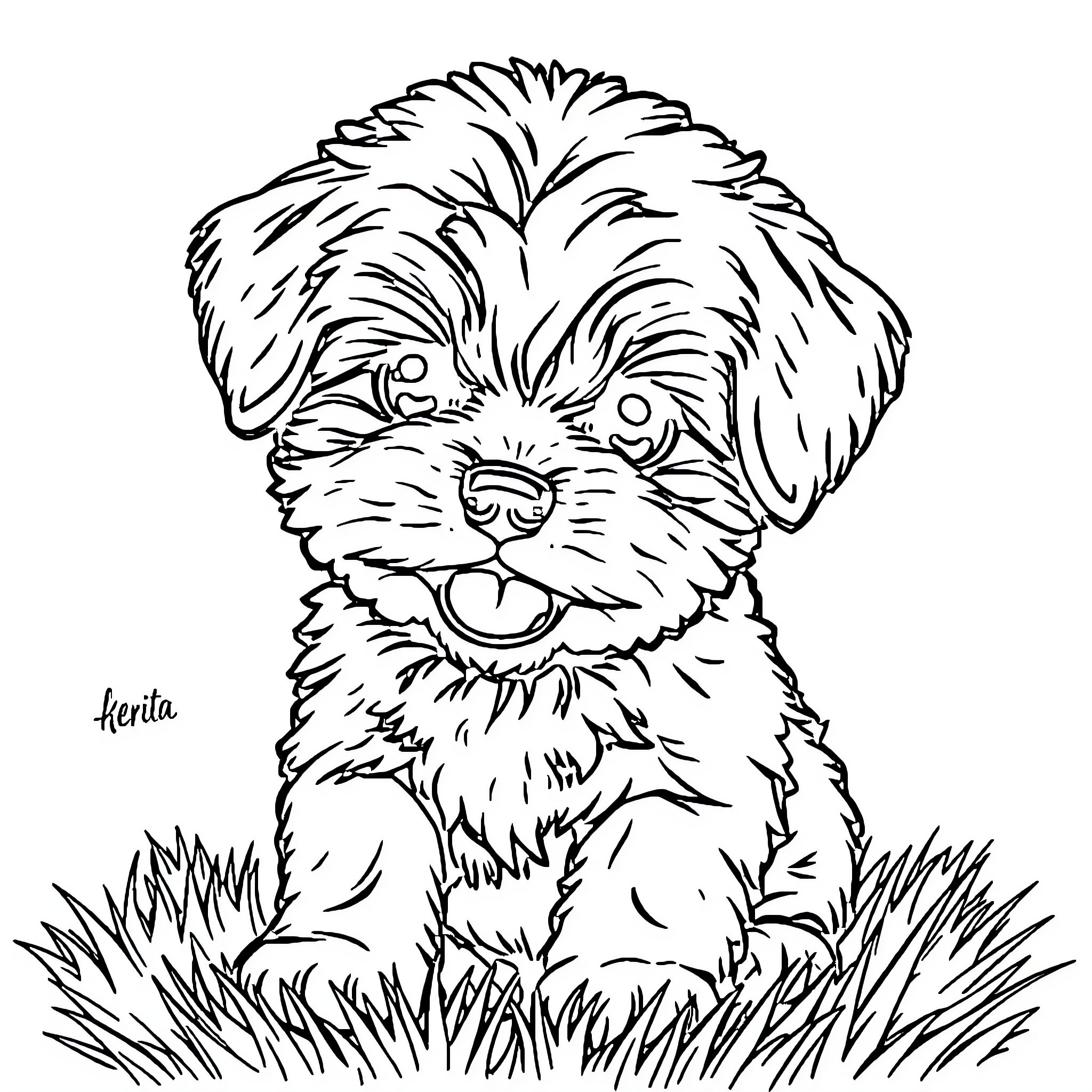 Maltipoo playing happily in the grass Coloring Page (free black-and-white line drawing printable PDF for all, from beginners to advanced learners, including children, teens, adults, and seniors)
