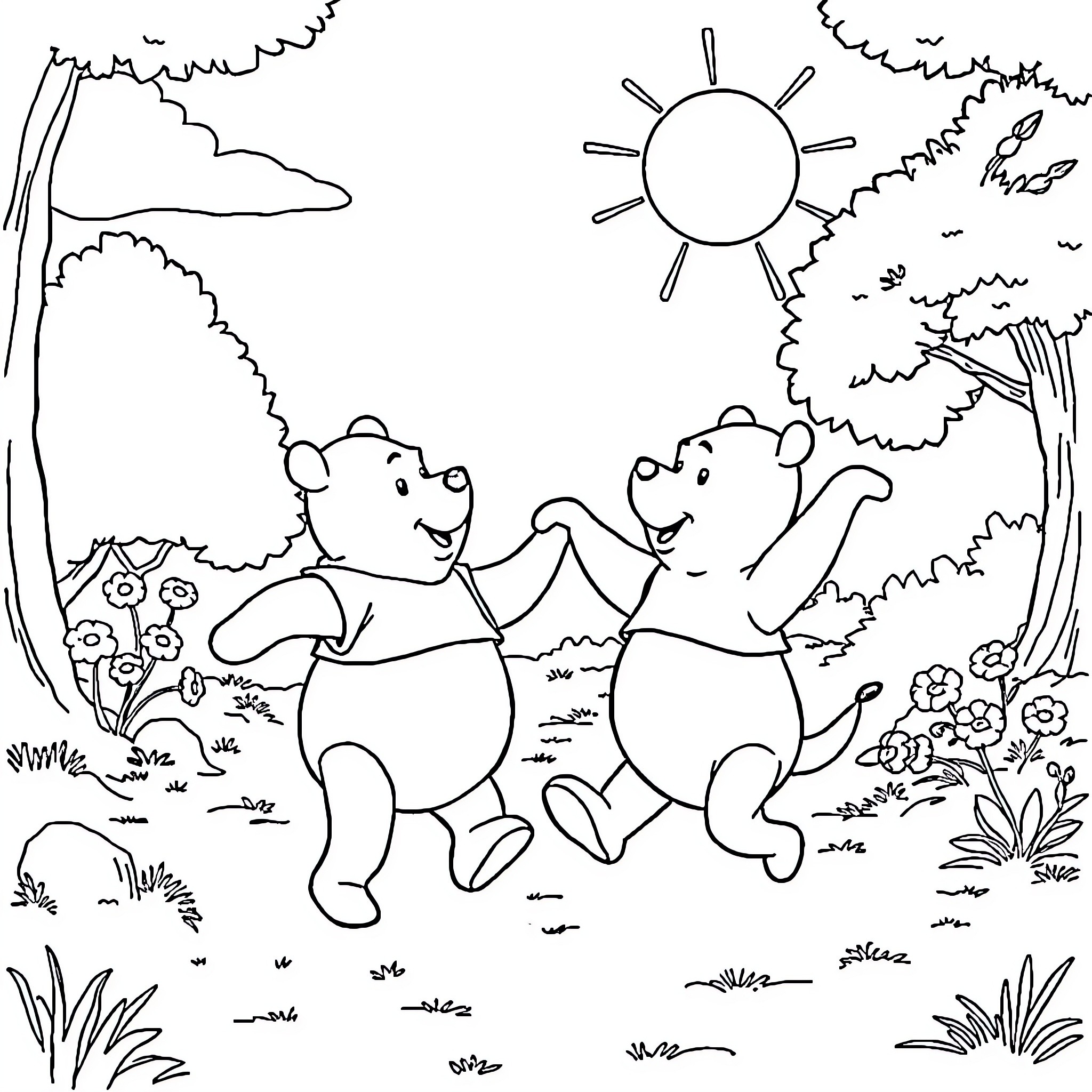 Winnie The Pooh and Tigger playing happily in the forest Coloring Page (free black-and-white line drawing printable PDF for all, from beginners to advanced learners, including children, teens, adults, and seniors)
