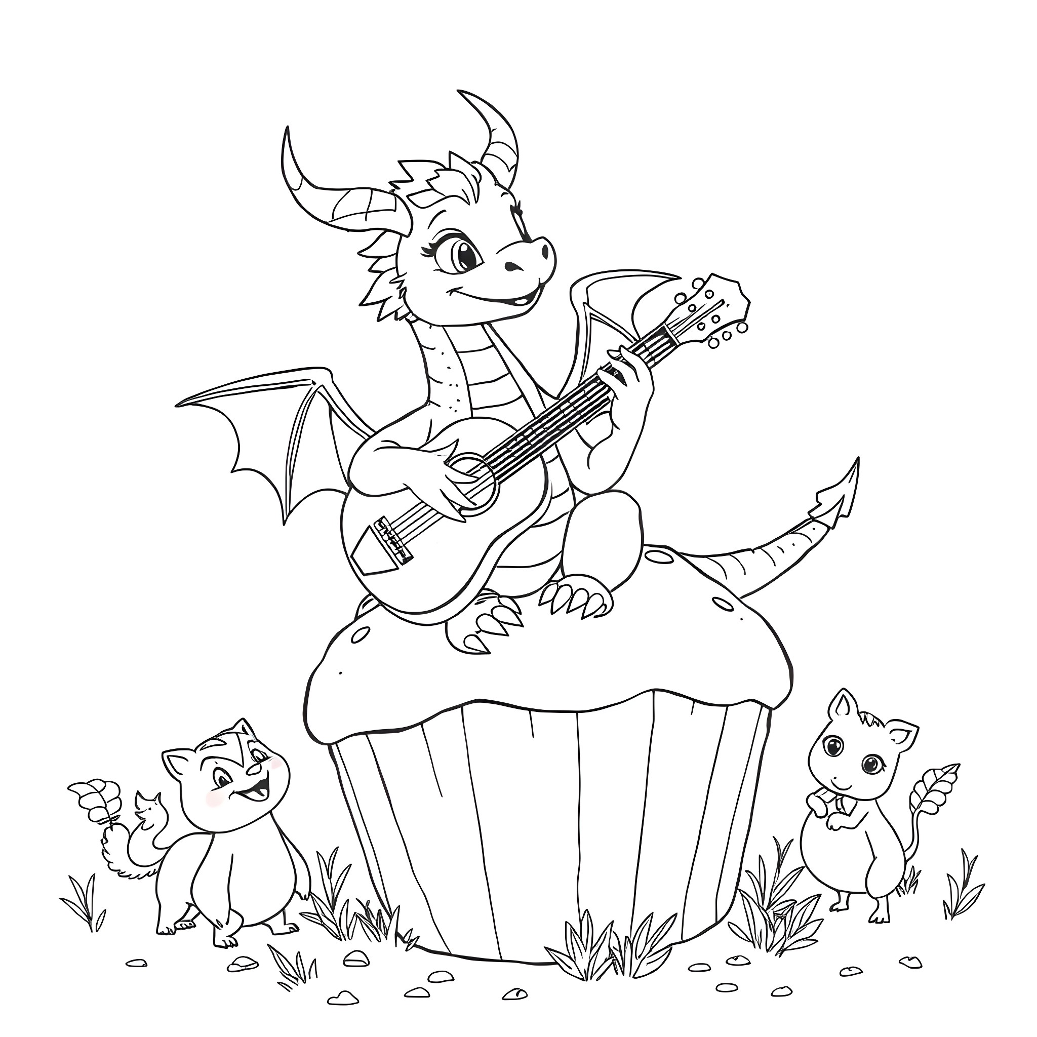 Dragon Playing Guitar for Cute Kittens Coloring Page (free black-and-white line drawing printable PDF for all, from beginners to advanced learners, including children, teens, adults, and seniors)
