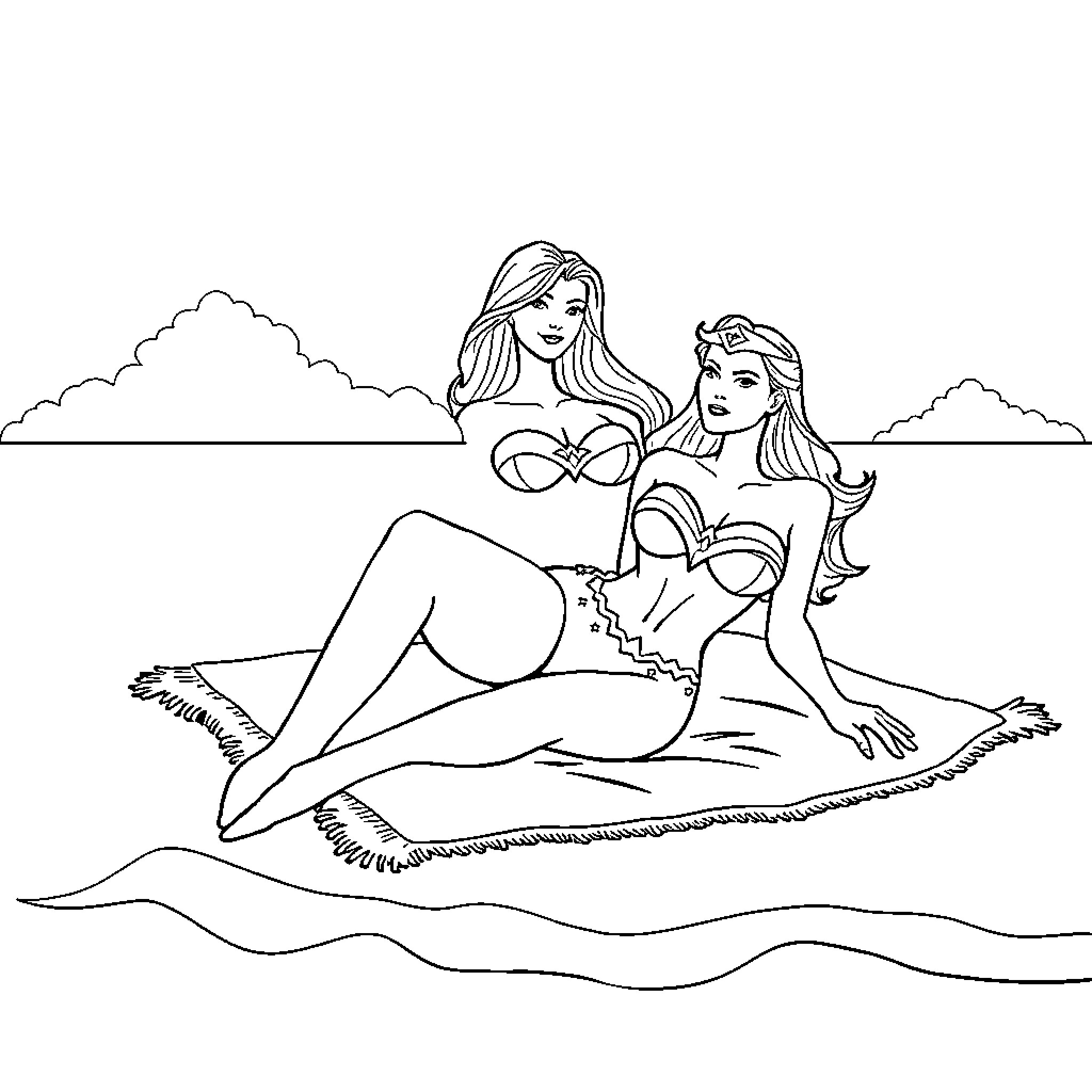 Wonder Woman Relaxing on the Beach with Friend Coloring Page (free black-and-white line drawing printable PDF for all, from beginners to advanced learners, including children, teens, adults, and seniors)
