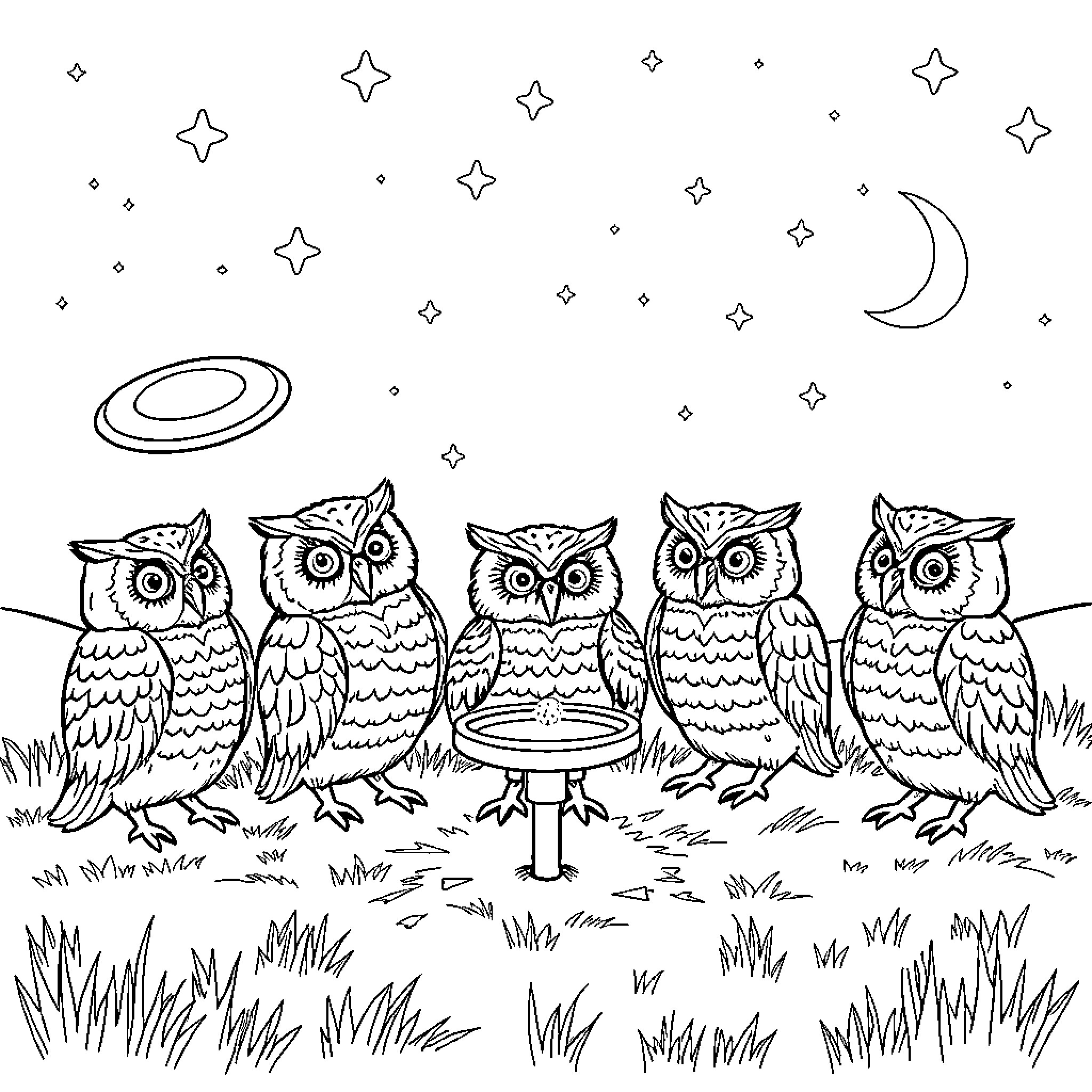 Owl Stargazing Gathering in the Night Coloring Page (free black-and-white line drawing printable PDF for all, from beginners to advanced learners, including children, teens, adults, and seniors)