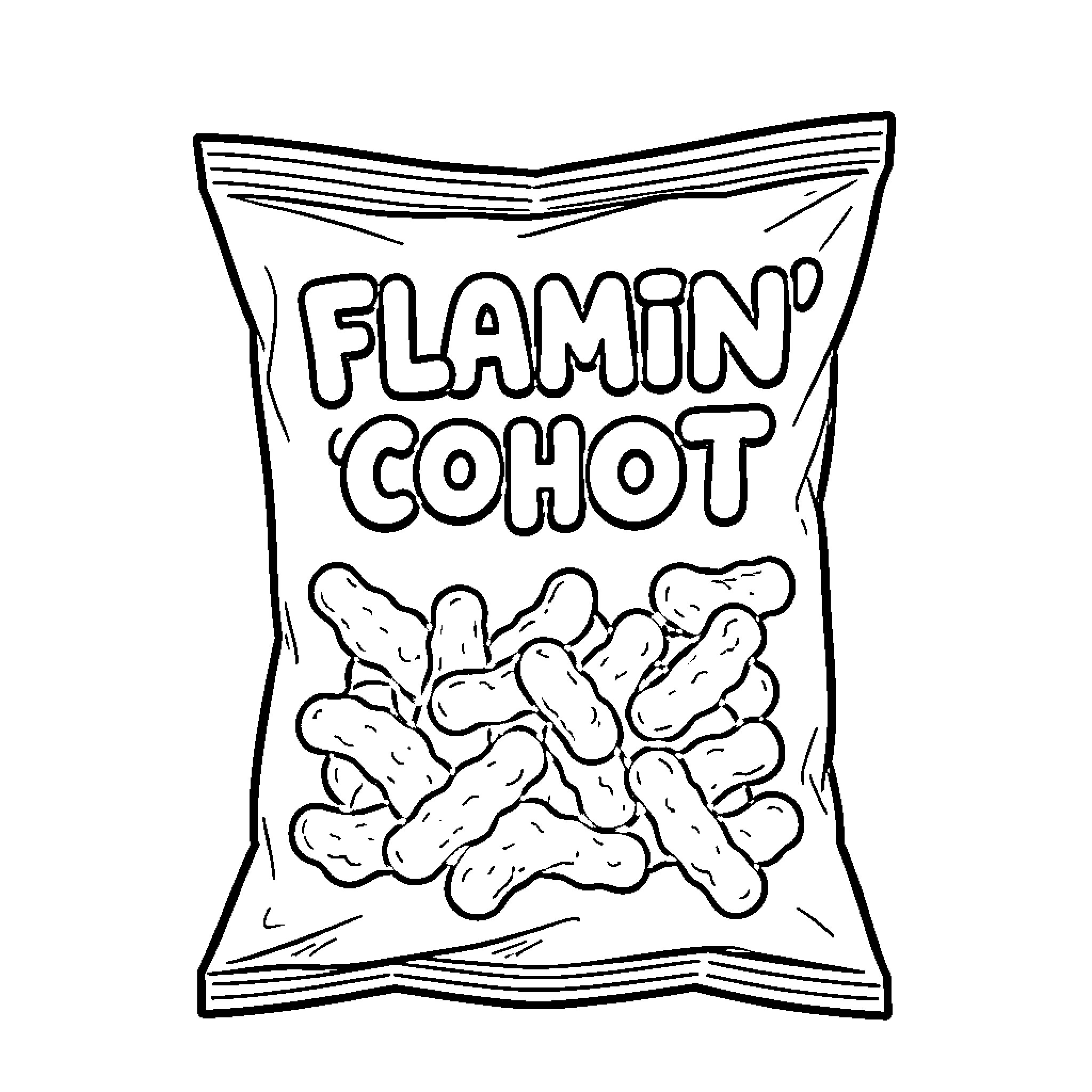 Flamin' Hot Cohot Snack Bag Coloring Page (free black-and-white line drawing printable PDF for all, from beginners to advanced learners, including children, teens, adults, and seniors)
