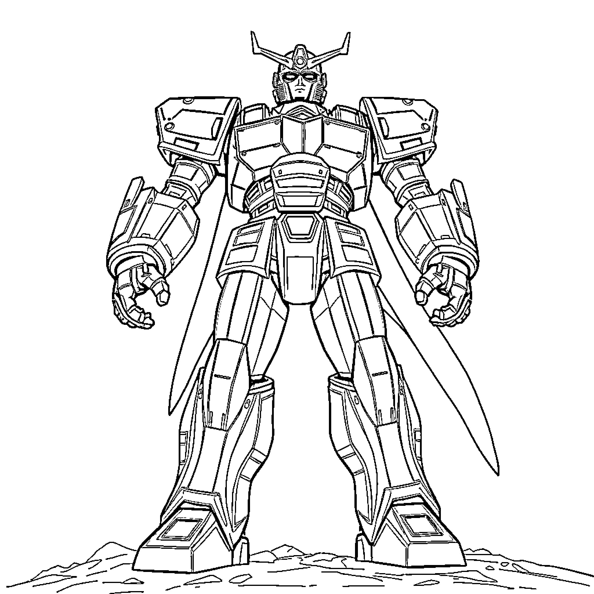 Goldorak: Heroic Mecha in Commanding Pose Coloring Page (free black-and-white line drawing printable PDF for all, from beginners to advanced learners, including children, teens, adults, and seniors)