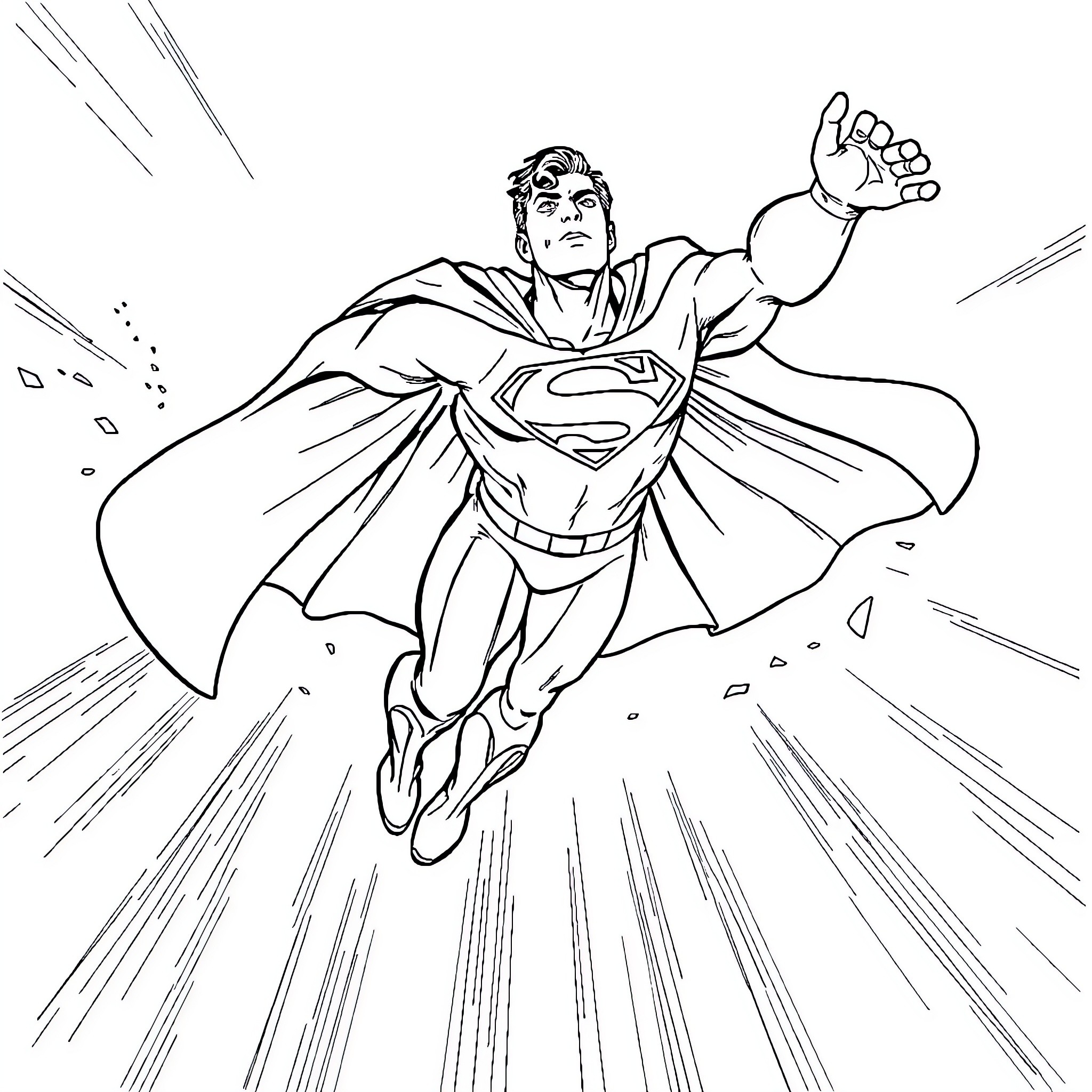 Superman in action, soaring through the sky Coloring Page (free black-and-white line drawing printable PDF for all, from beginners to advanced learners, including children, teens, adults, and seniors)