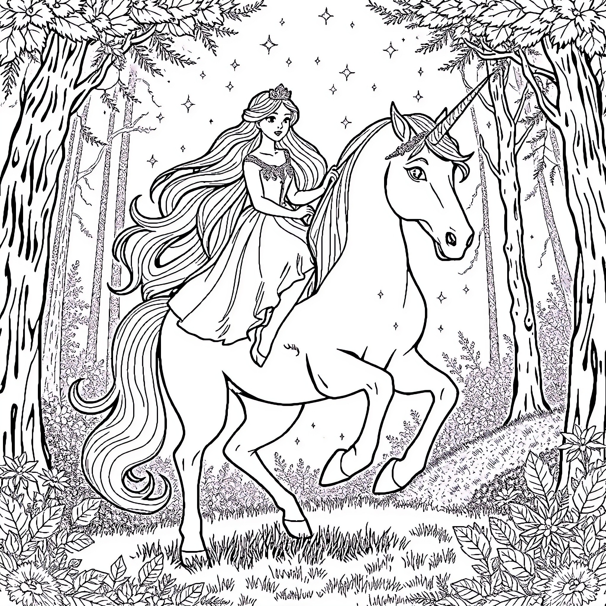 Princess Riding a Majestic Unicorn in Enchanted Forest Coloring Page (free black-and-white line drawing printable PDF for all, from beginners to advanced learners, including children, teens, adults, and seniors)