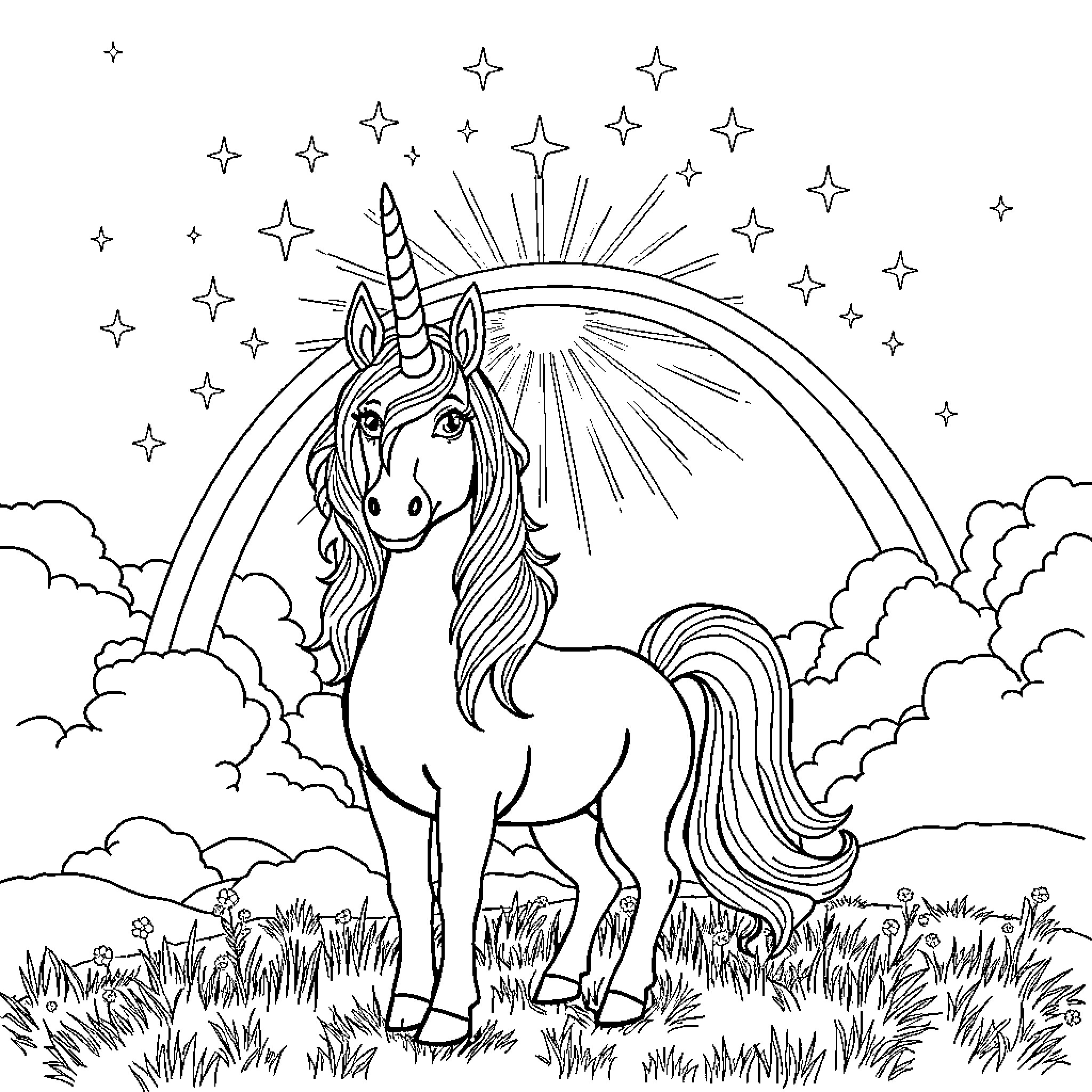 Unicorn standing amidst stars and rainbows Coloring Page (free black-and-white line drawing printable PDF for all, from beginners to advanced learners, including children, teens, adults, and seniors)