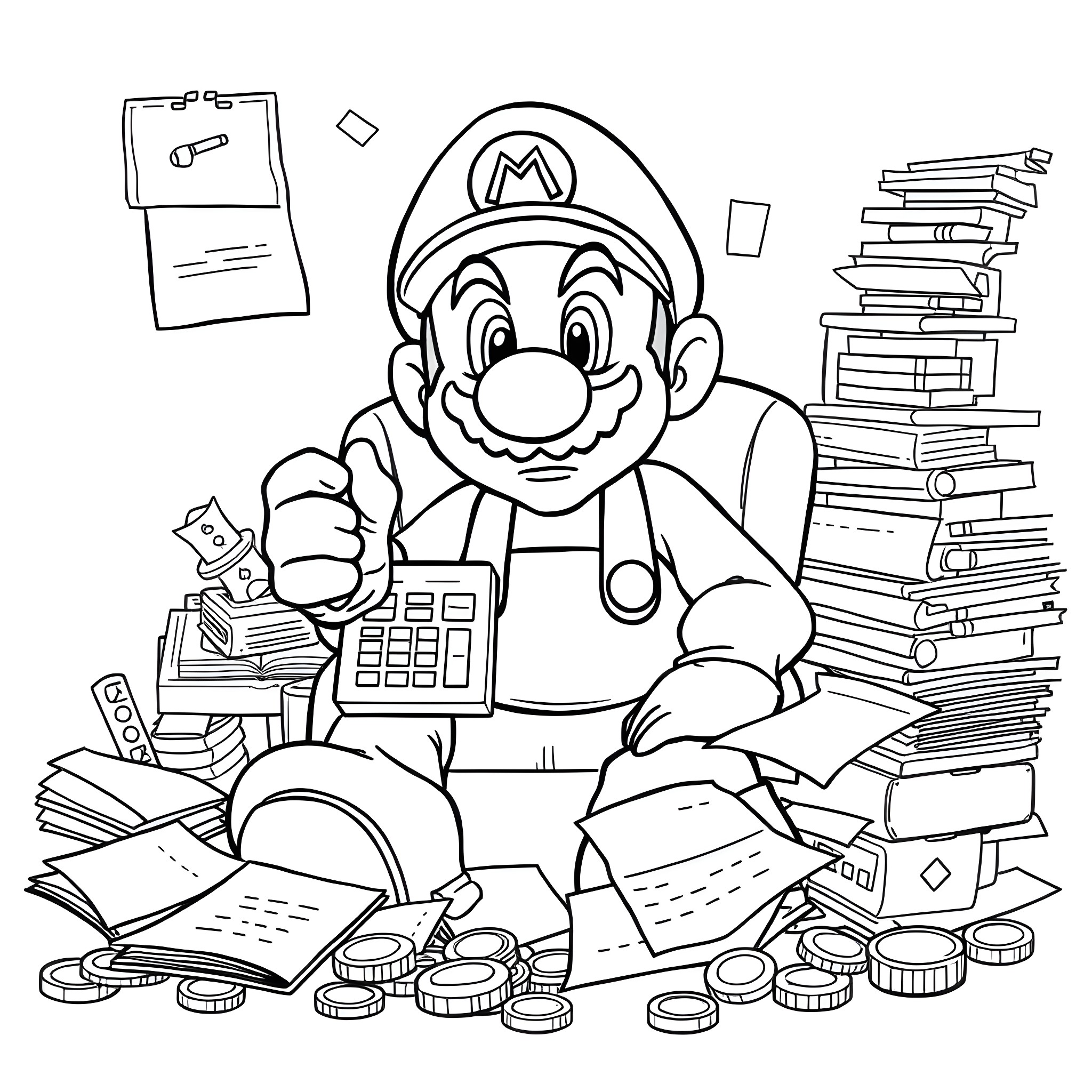 Mario Counting Money and Surrounded by Books Coloring Page (free black-and-white line drawing printable PDF for all, from beginners to advanced learners, including children, teens, adults, and seniors)