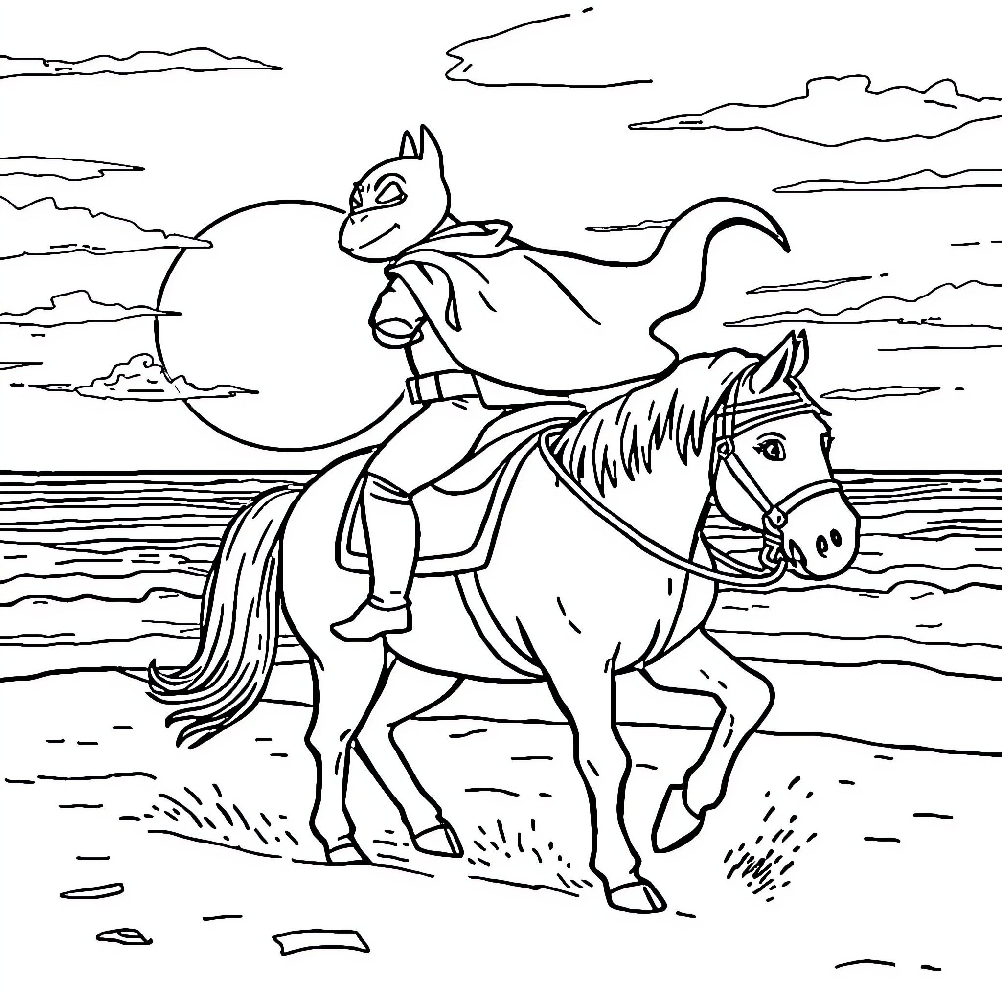 Turtle Batman riding a horse in the wilderness Coloring Page (free black-and-white line drawing printable PDF for all, from beginners to advanced learners, including children, teens, adults, and seniors)