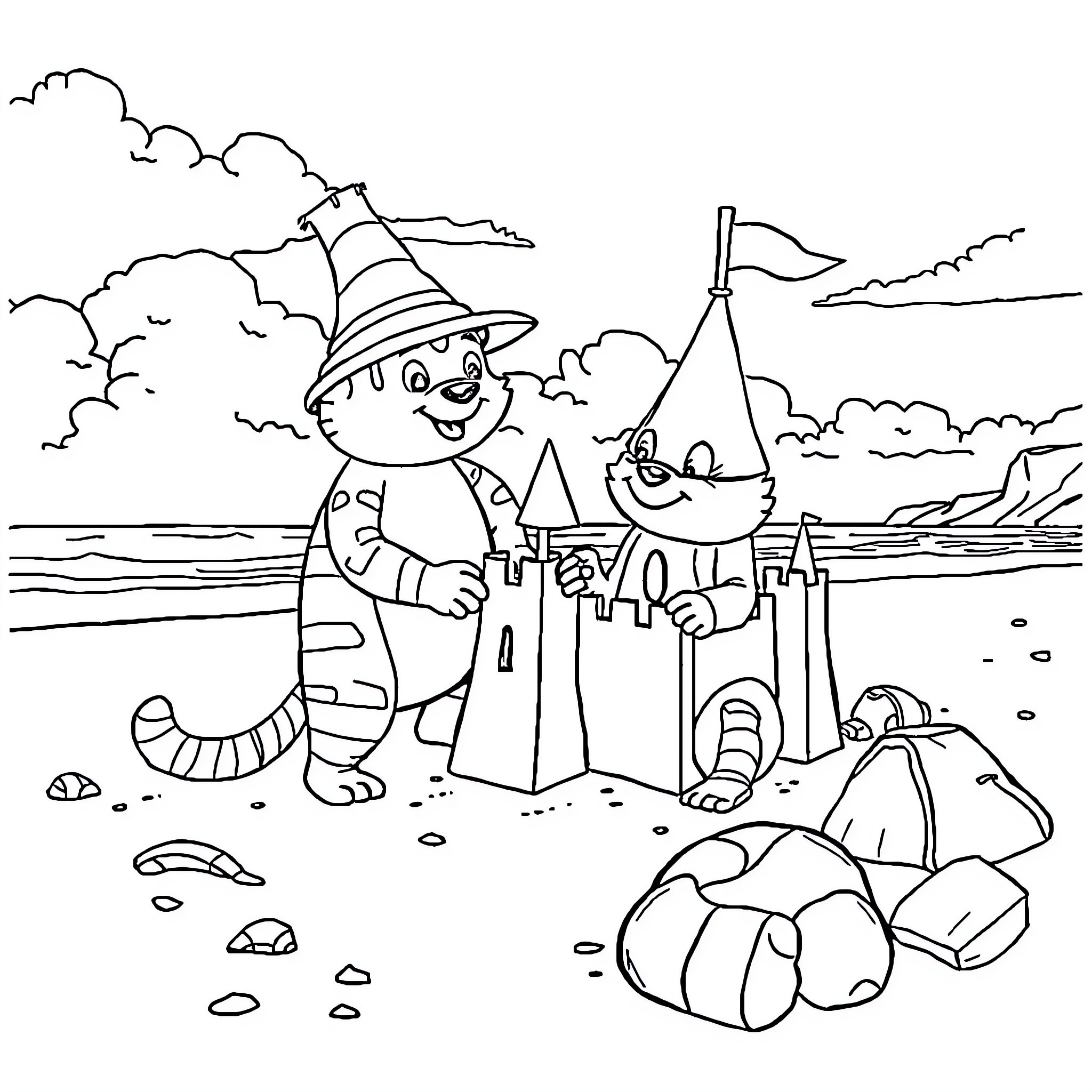 Paw Patrol characters playing at the beach Coloring Page (free black-and-white line drawing printable PDF for all, from beginners to advanced learners, including children, teens, adults, and seniors)