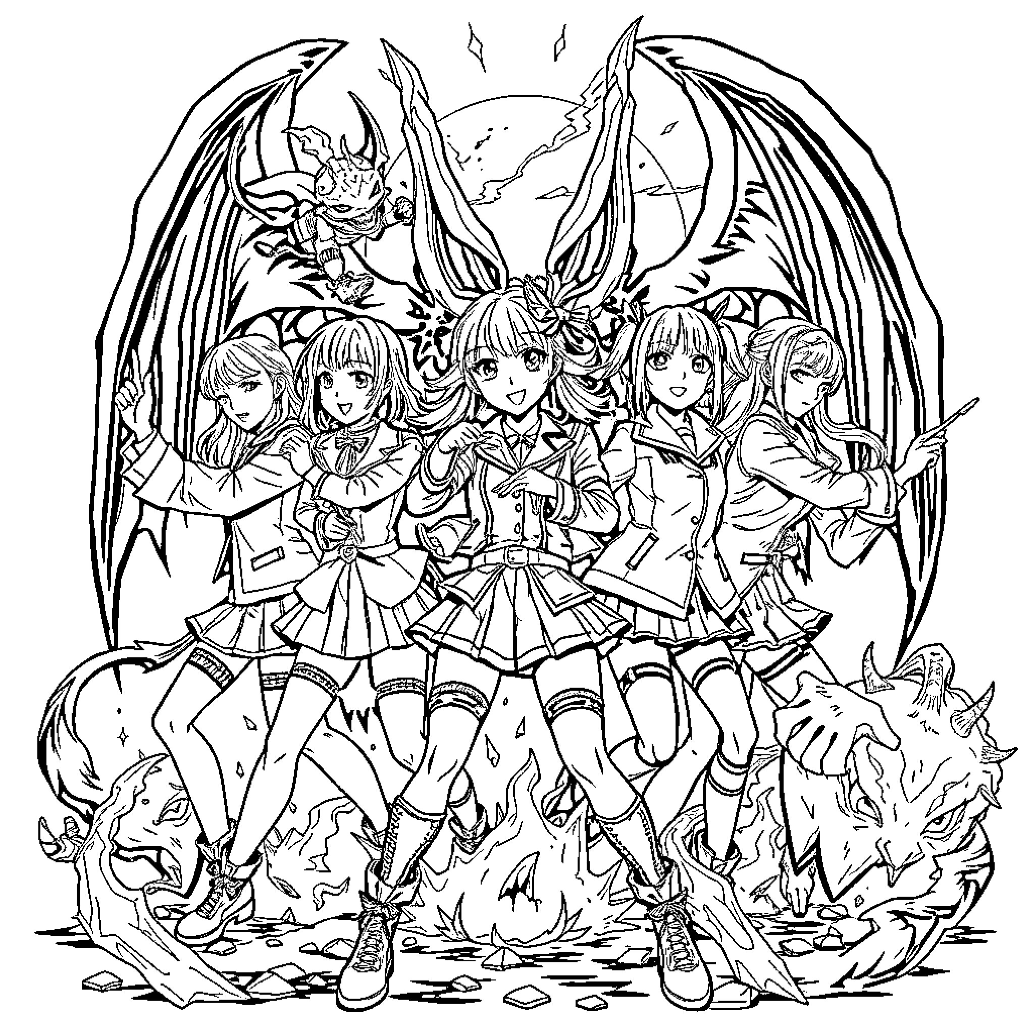 Demon Hunter Anime Girls in Fierce Battle Coloring Page (free black-and-white line drawing printable PDF for all, from beginners to advanced learners, including children, teens, adults, and seniors)