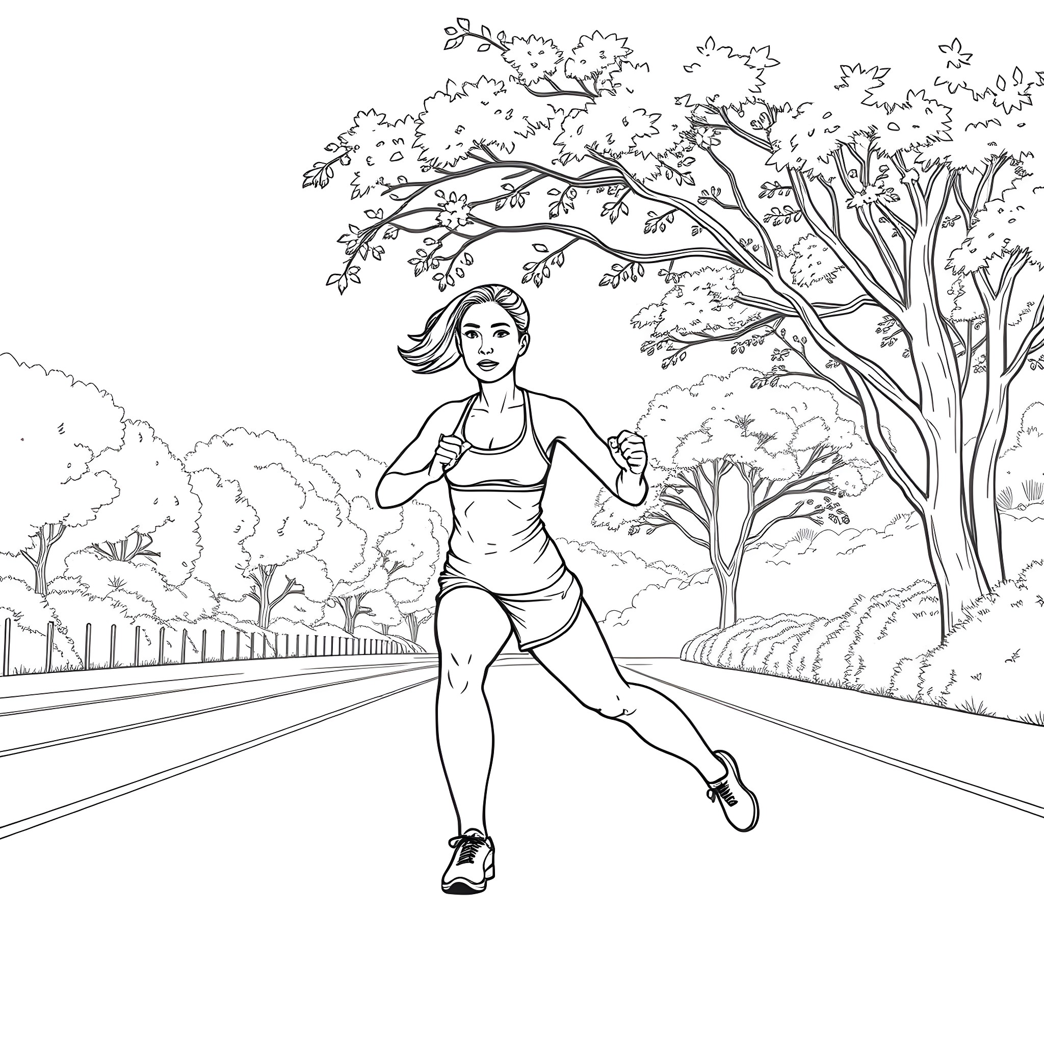 Woman running on a scenic road surrounded by nature Coloring Page (free black-and-white line drawing printable PDF for all, from beginners to advanced learners, including children, teens, adults, and seniors)