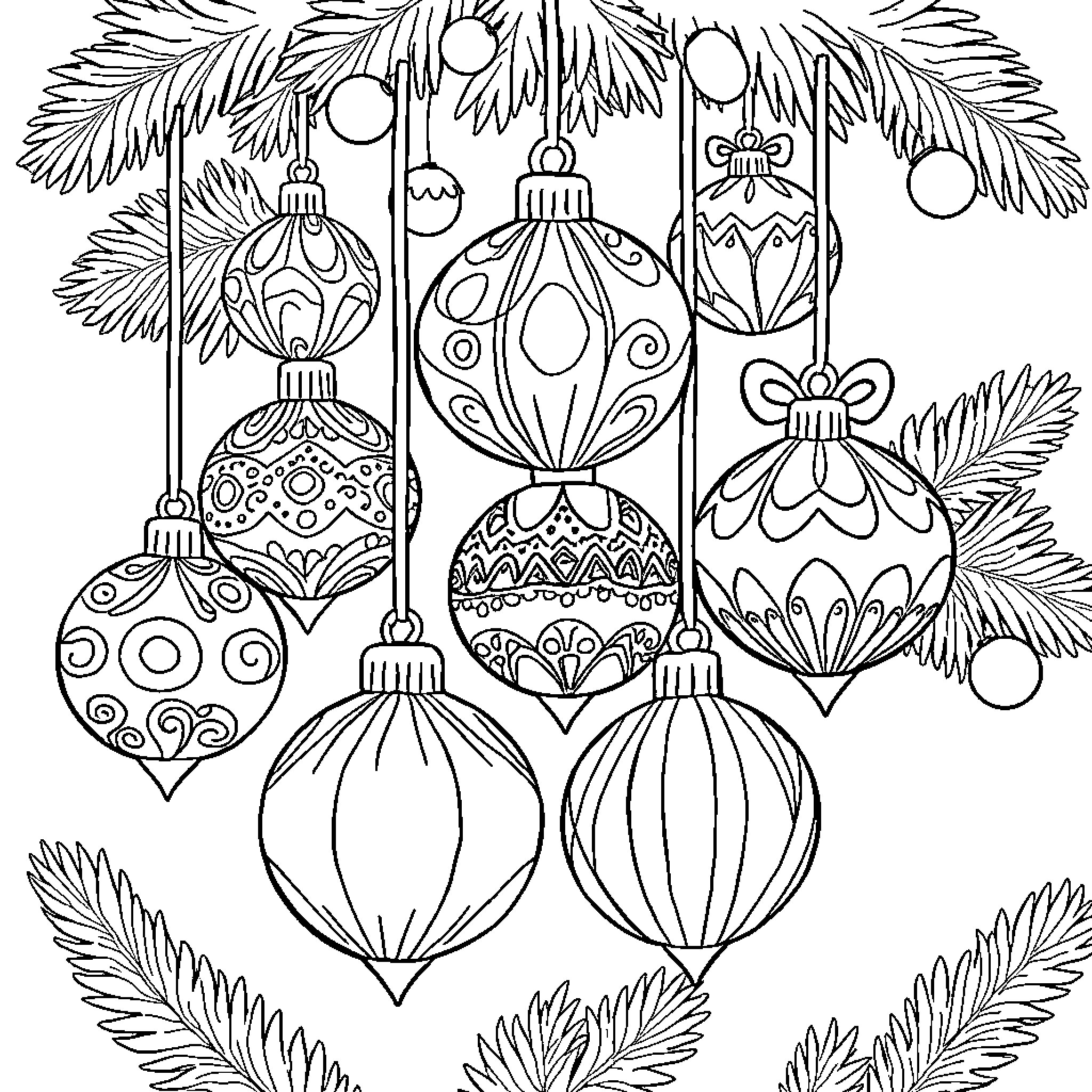 Christmas Ornament Decorations Hanging on Tree Branches Coloring Page (free black-and-white line drawing printable PDF for all, from beginners to advanced learners, including children, teens, adults, and seniors)