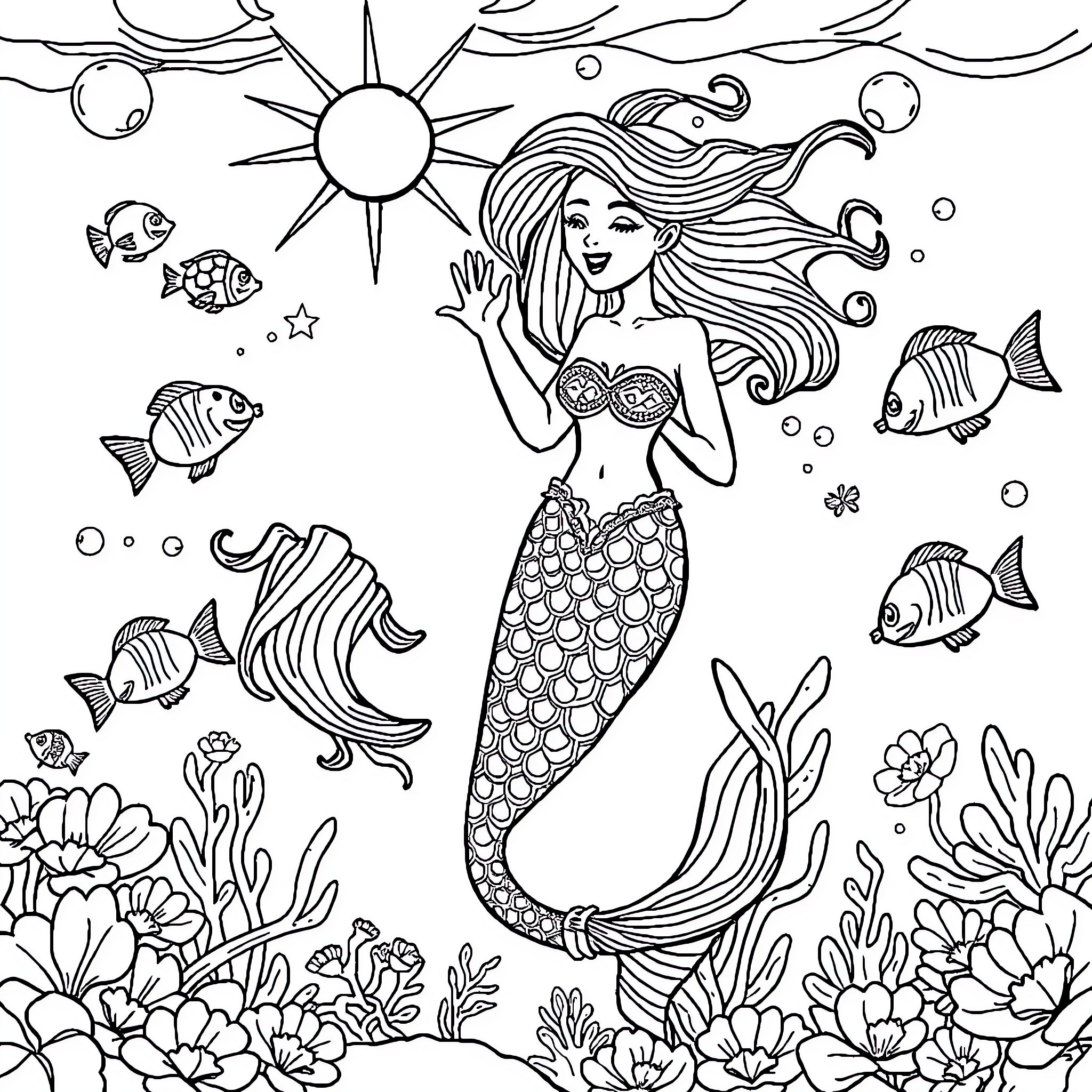 Mermaid joyfully swimming with marine life in underwater paradise Coloring Page (free black-and-white line drawing printable PDF for all, from beginners to advanced learners, including children, teens, adults, and seniors)