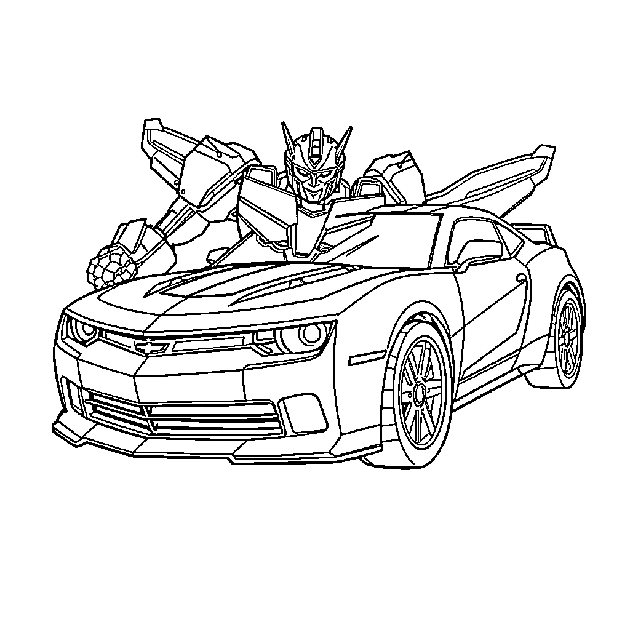 Bumble Bee transforming Camaro sports car Coloring Page (free black-and-white line drawing printable PDF for all, from beginners to advanced learners, including children, teens, adults, and seniors)