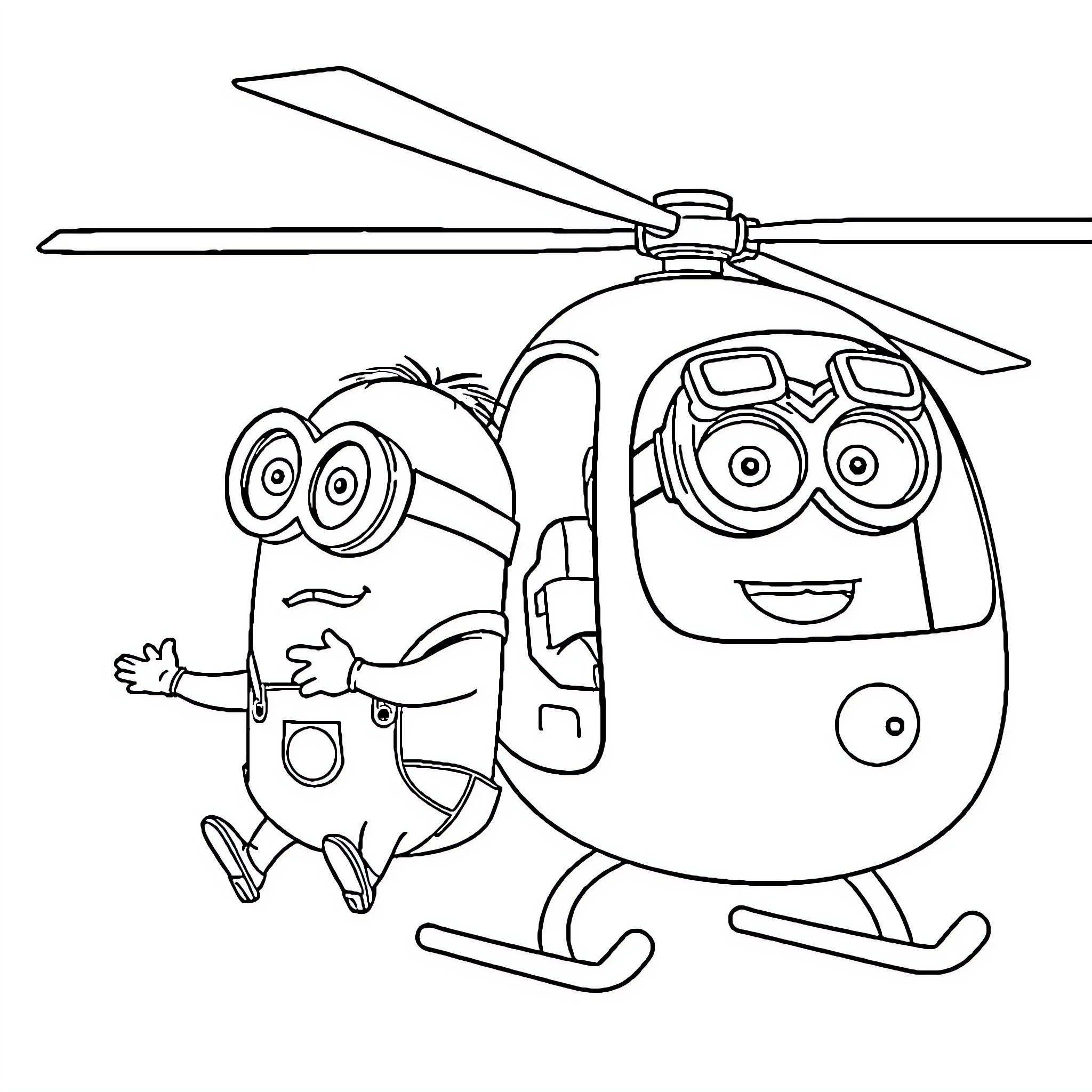 Minions riding a helicopter with excited expressions Coloring Page (free black-and-white line drawing printable PDF for all, from beginners to advanced learners, including children, teens, adults, and seniors)