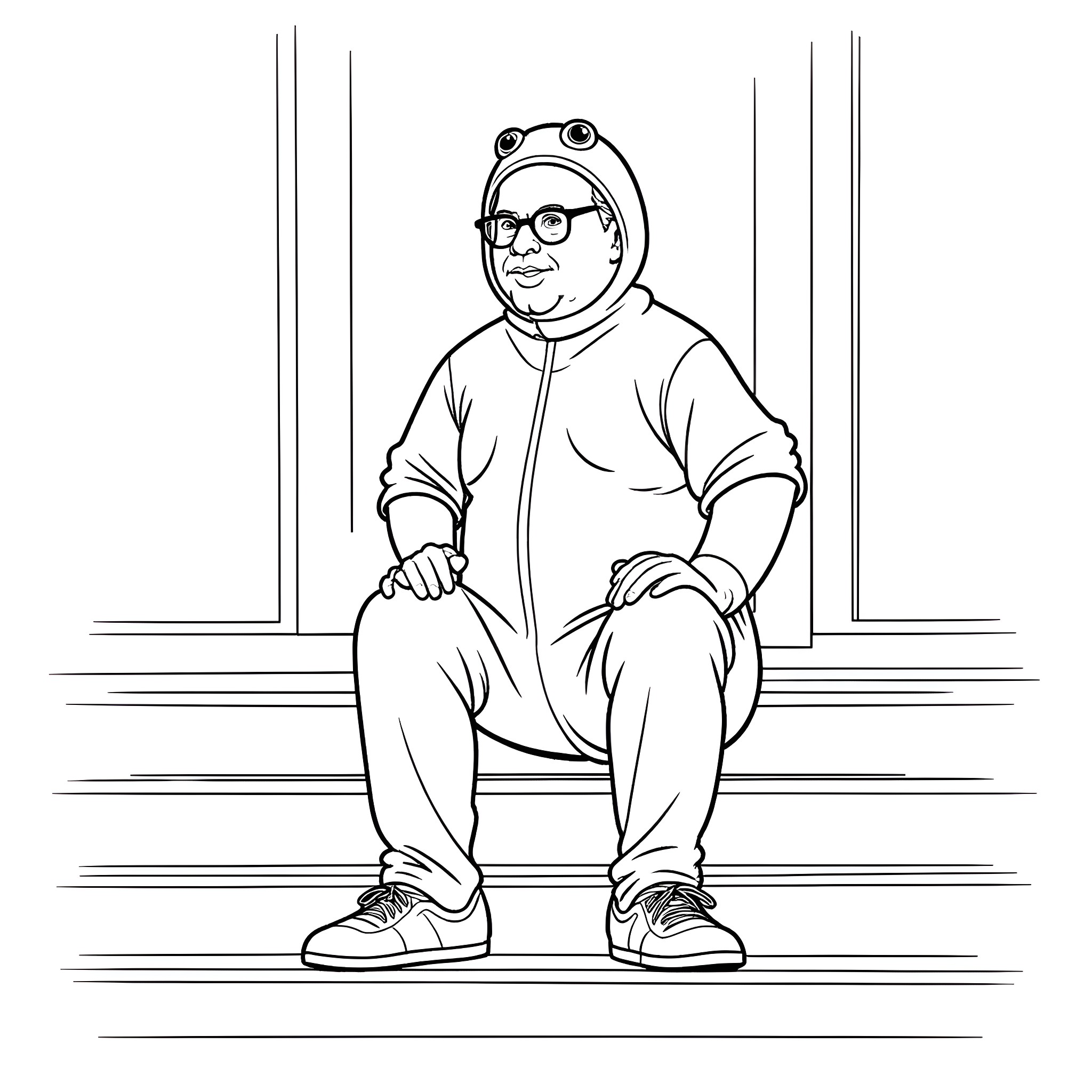 Frog-themed character sitting on steps Coloring Page (free black-and-white line drawing printable PDF for all, from beginners to advanced learners, including children, teens, adults, and seniors)