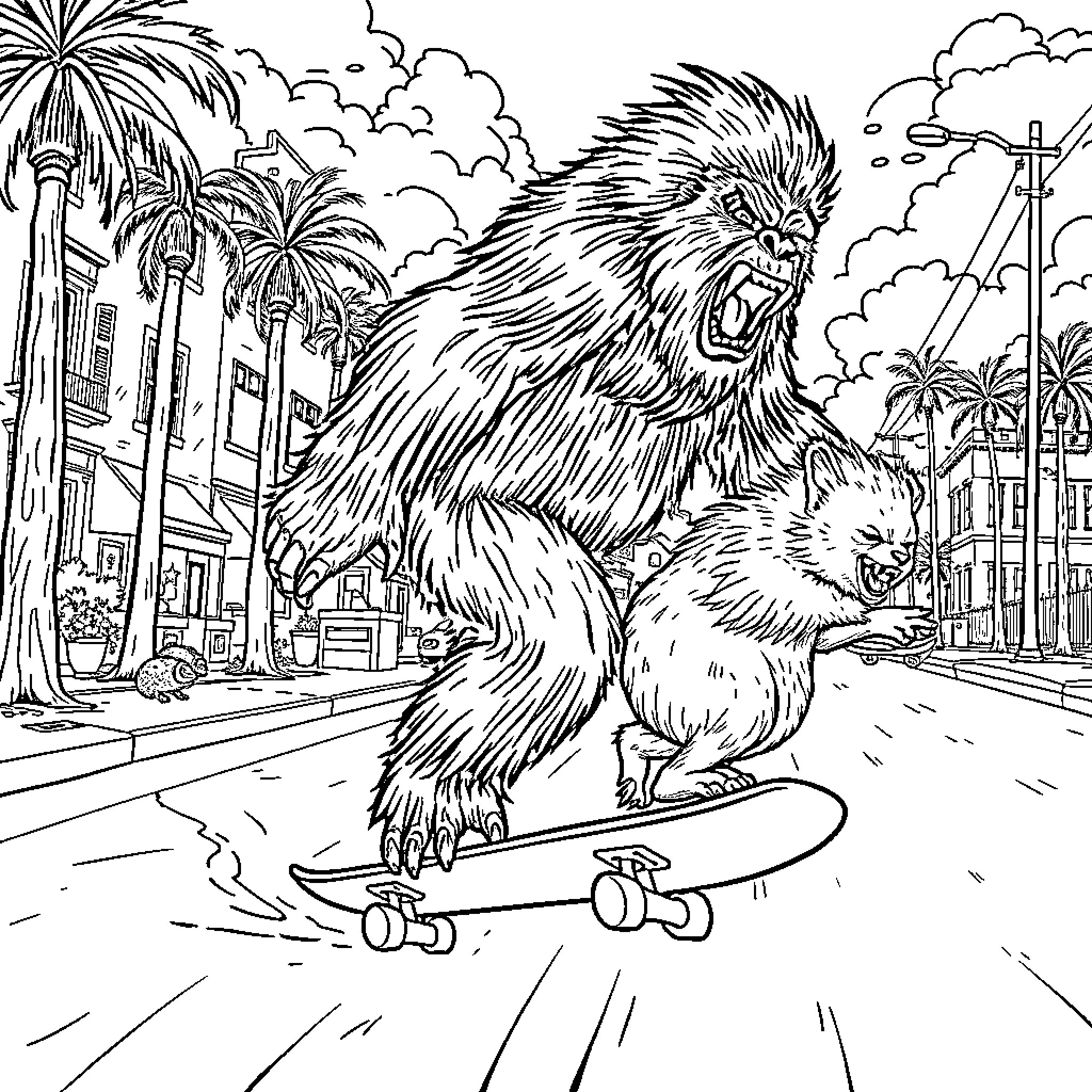 Bigfoot riding a skateboard down a city street Coloring Page (free black-and-white line drawing printable PDF for all, from beginners to advanced learners, including children, teens, adults, and seniors)