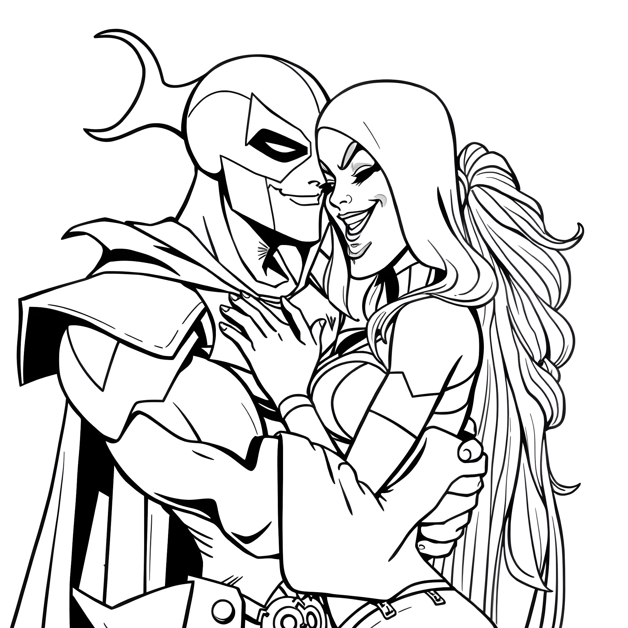 Spawn embracing a mysterious woman Coloring Page (free black-and-white line drawing printable PDF for all, from beginners to advanced learners, including children, teens, adults, and seniors)