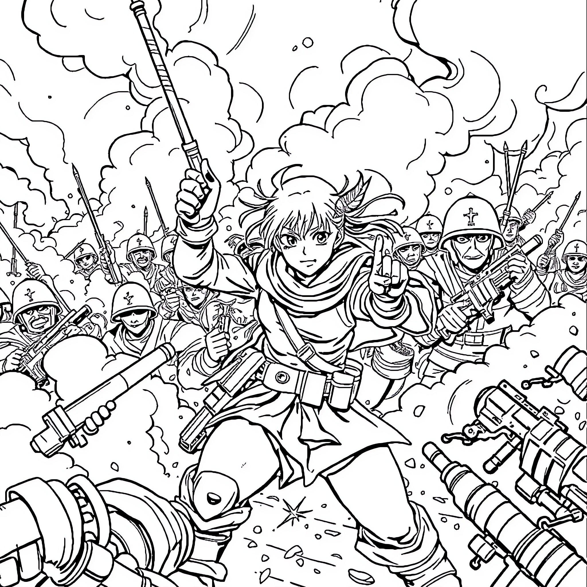 Miky's Heroic Adventure in the Chaotic Battlefield Coloring Page (free black-and-white line drawing printable PDF for all, from beginners to advanced learners, including children, teens, adults, and seniors)