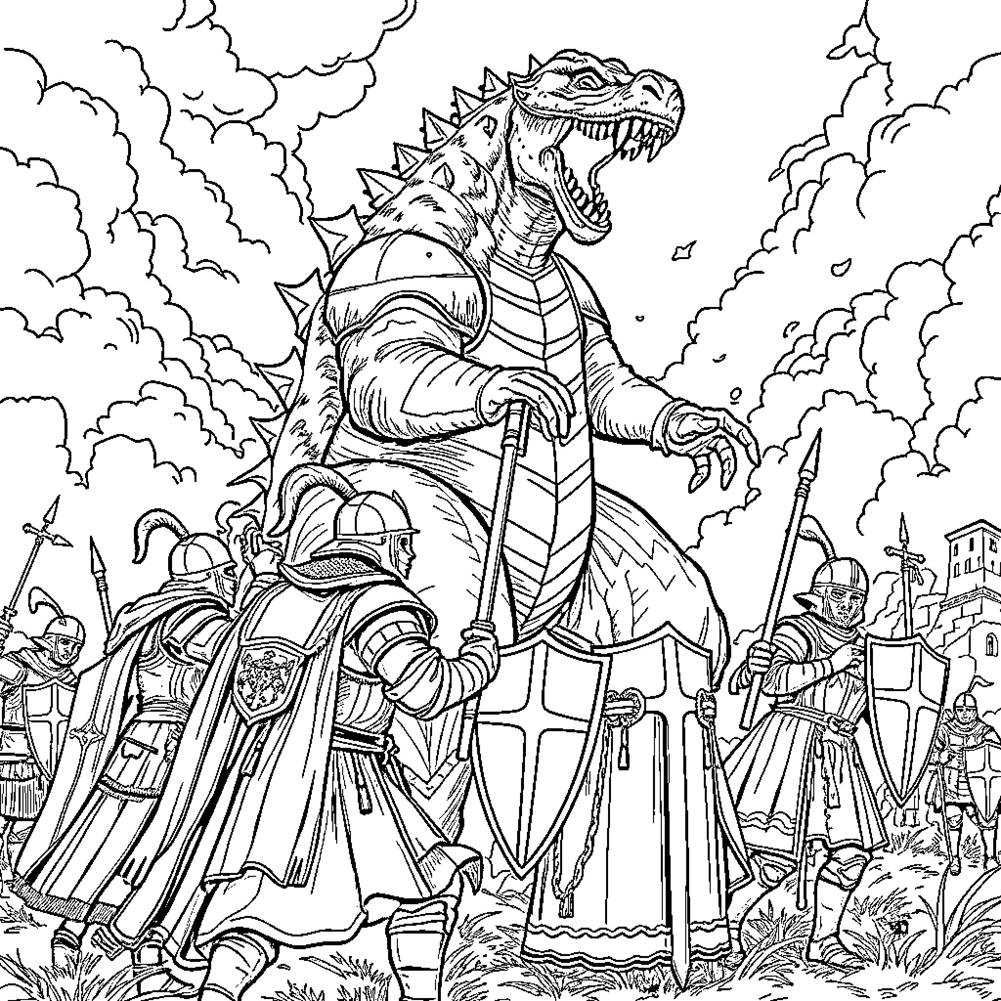 Knight Confronts Mighty Mythical Creature in Battle Coloring Page (free black-and-white line drawing printable PDF for all, from beginners to advanced learners, including children, teens, adults, and seniors)