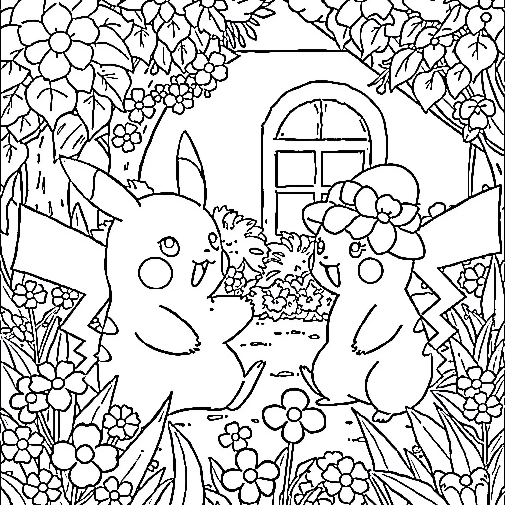 Pikachu and Pichu playing in a floral garden Coloring Page (free black-and-white line drawing printable PDF for all, from beginners to advanced learners, including children, teens, adults, and seniors)