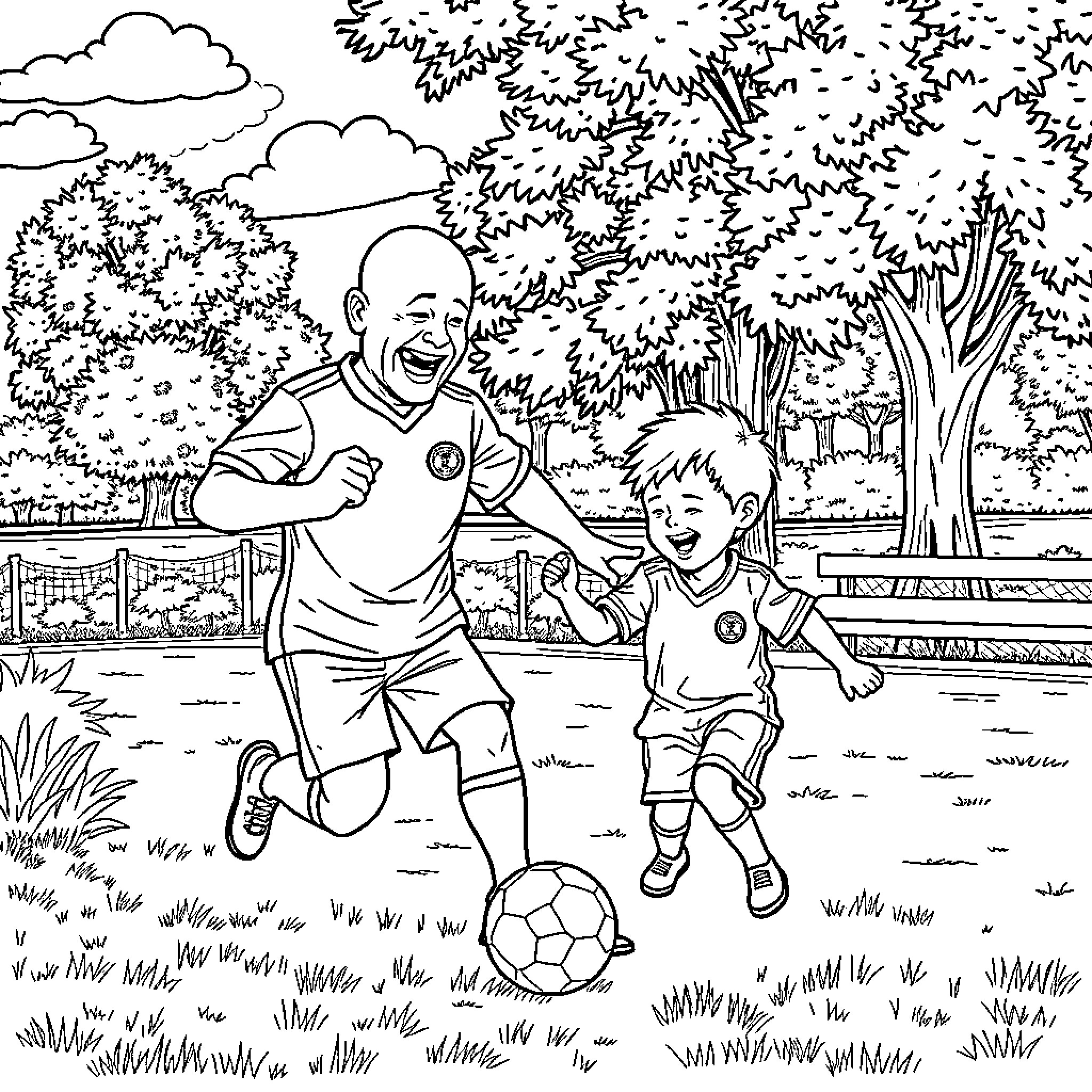 Granddad playing soccer with grandson in the park Coloring Page (free black-and-white line drawing printable PDF for all, from beginners to advanced learners, including children, teens, adults, and seniors)