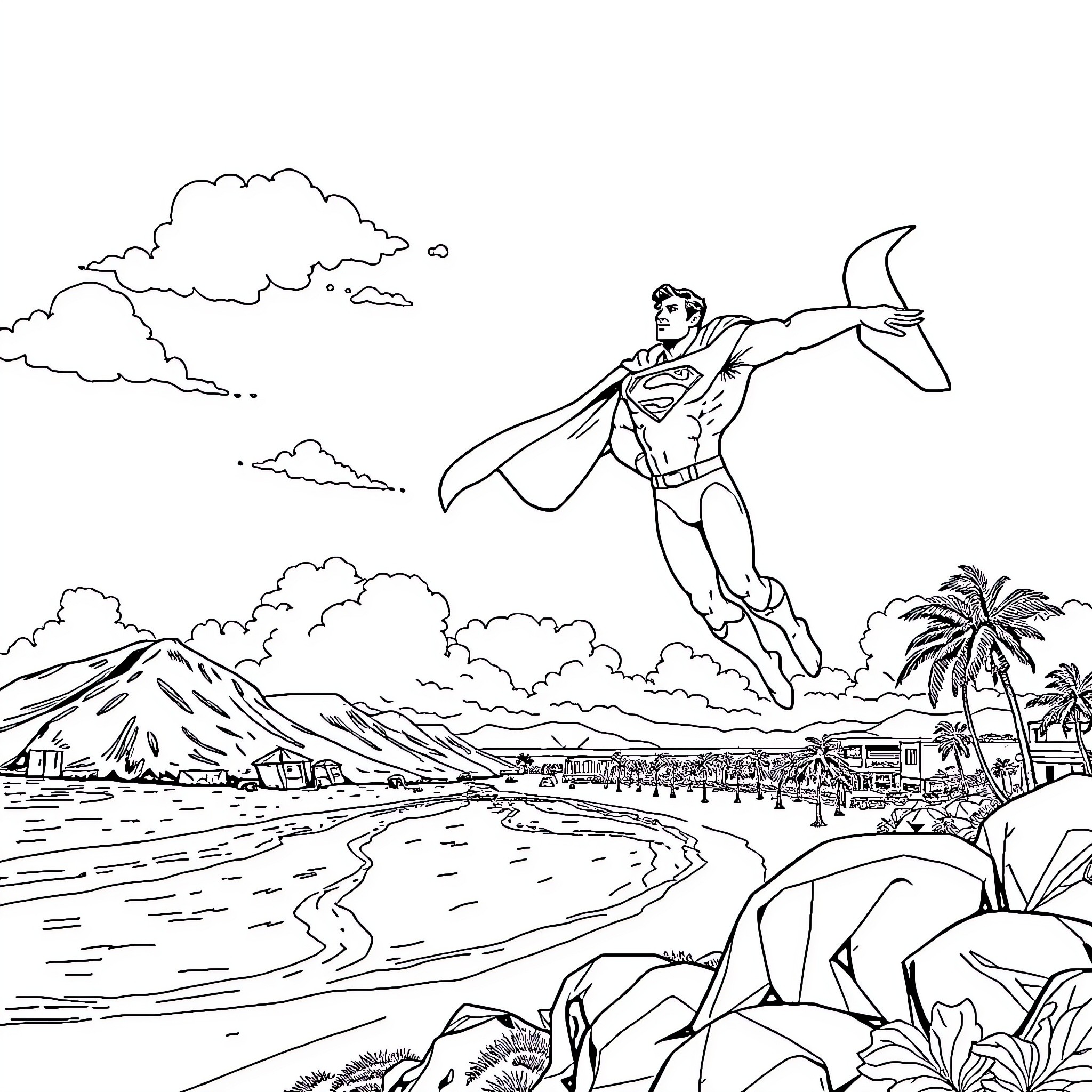 Superman soaring over a tropical landscape Coloring Page (free black-and-white line drawing printable PDF for all, from beginners to advanced learners, including children, teens, adults, and seniors)
