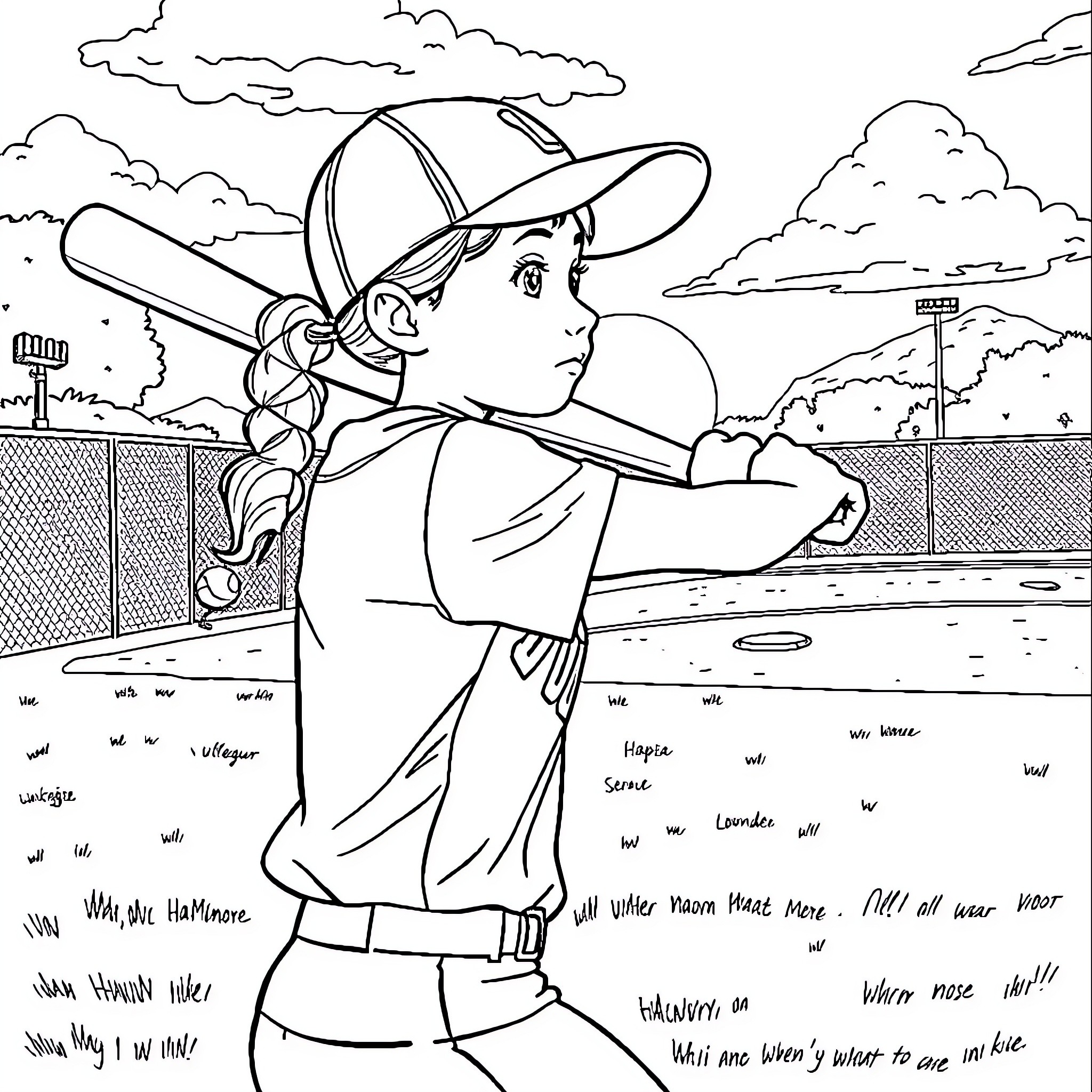 Girl playing baseball on the field Coloring Page (free black-and-white line drawing printable PDF for all, from beginners to advanced learners, including children, teens, adults, and seniors)