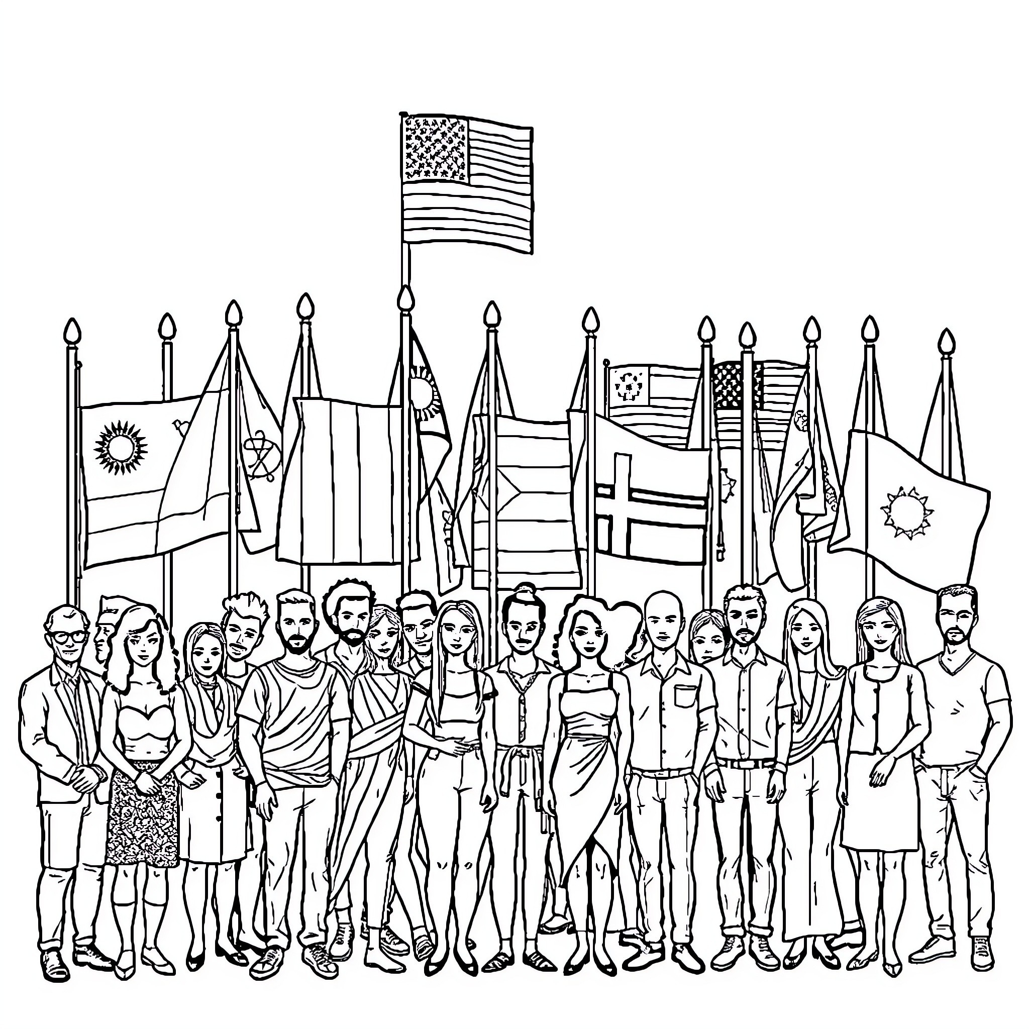Flag parade of diverse people in festive costumes Coloring Page (free black-and-white line drawing printable PDF for all, from beginners to advanced learners, including children, teens, adults, and seniors)