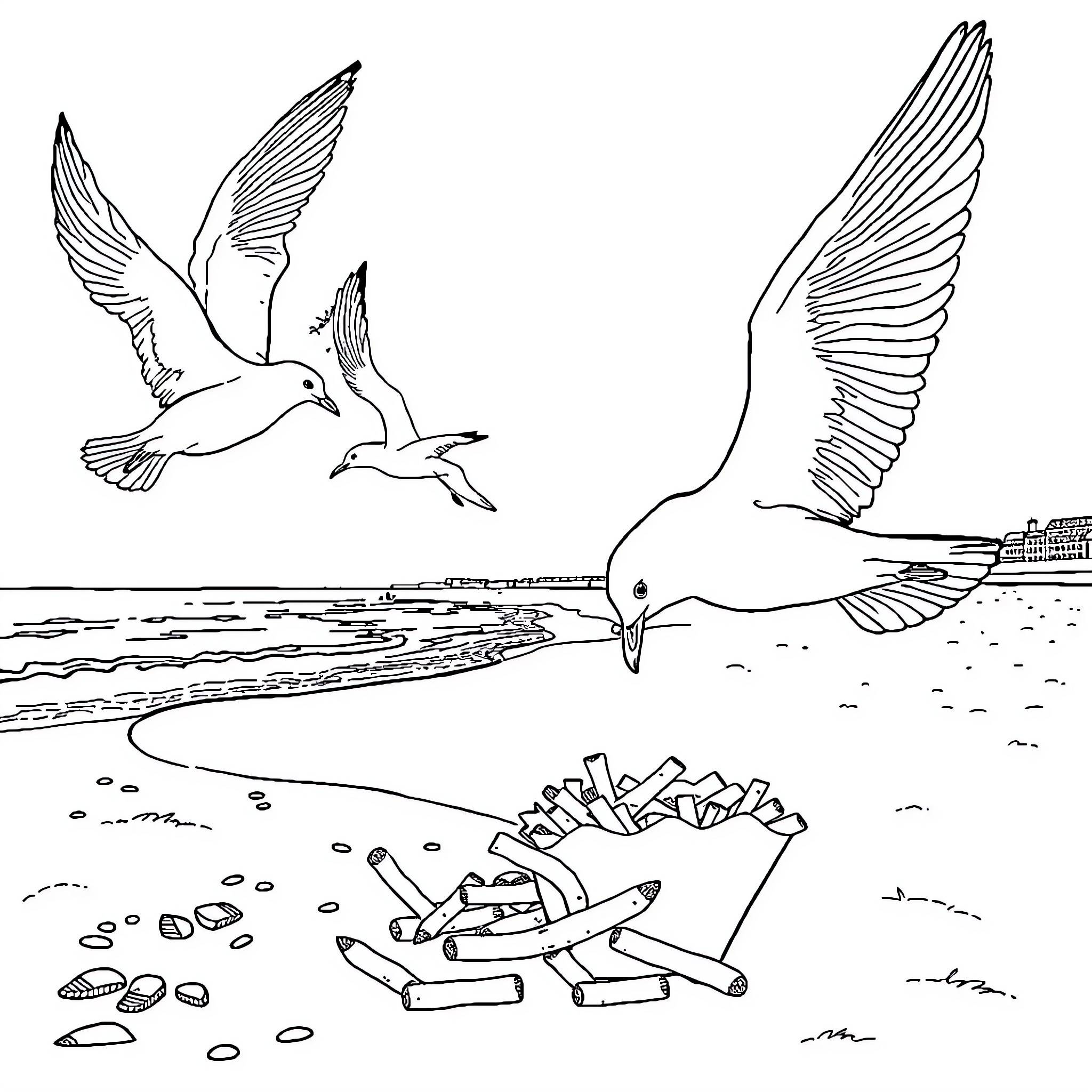 Seagulls soaring over a coastal scene with debris Coloring Page (free black-and-white line drawing printable PDF for all, from beginners to advanced learners, including children, teens, adults, and seniors)