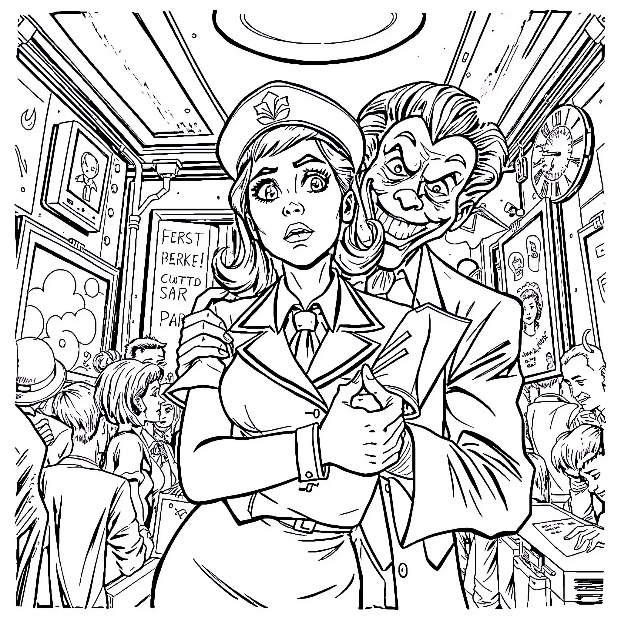 Air Hostess Navigates Chaotic Airplane Cabin Coloring Page (free black-and-white line drawing printable PDF for all, from beginners to advanced learners, including children, teens, adults, and seniors)