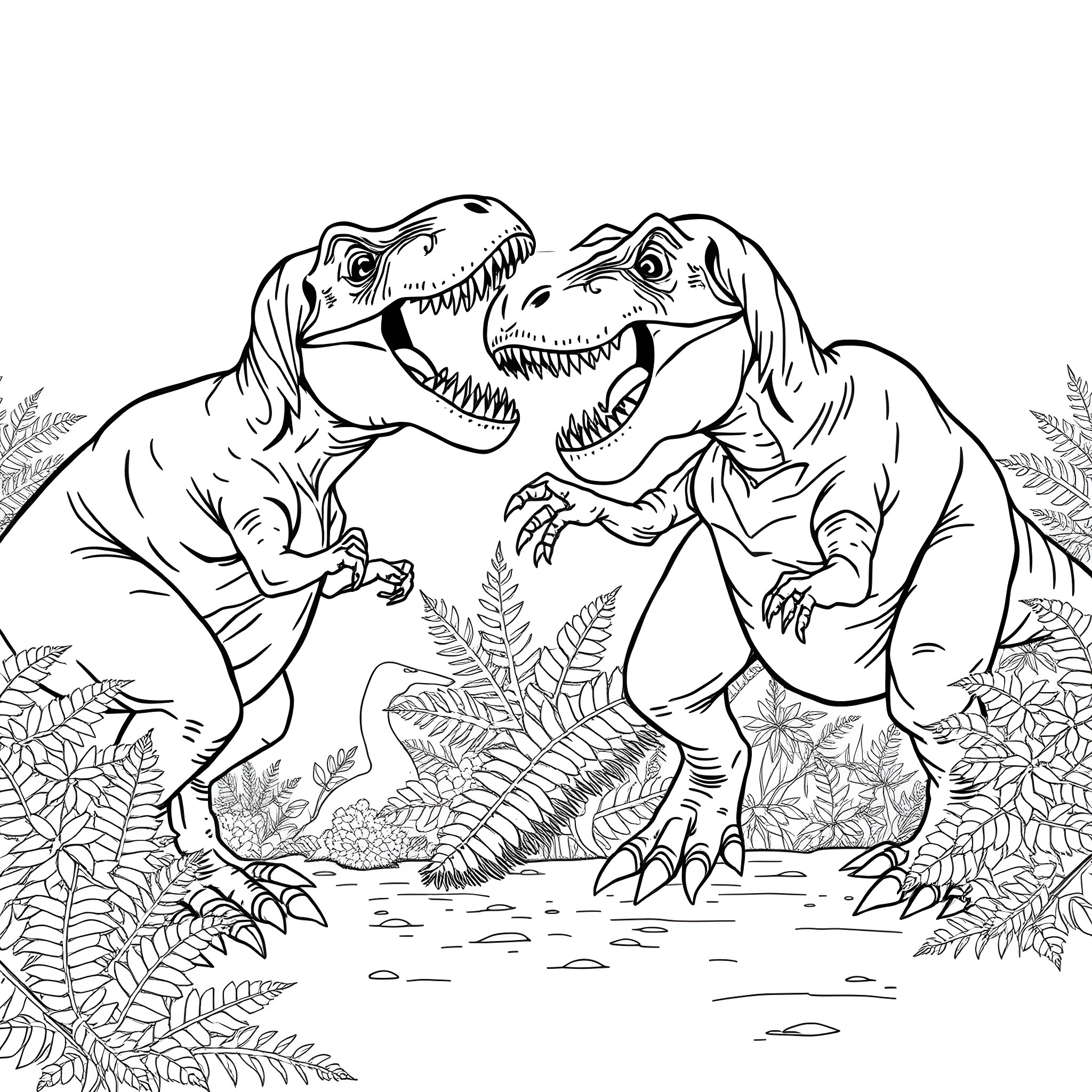 T-Rex battling fiercely in prehistoric wilderness Coloring Page (free black-and-white line drawing printable PDF for all, from beginners to advanced learners, including children, teens, adults, and seniors)