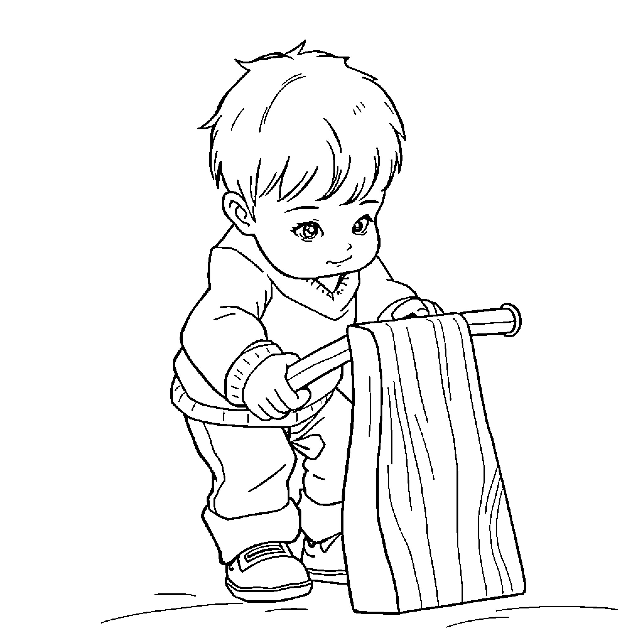 Child playing with rolling pin on the floor Coloring Page (free black-and-white line drawing printable PDF for all, from beginners to advanced learners, including children, teens, adults, and seniors)