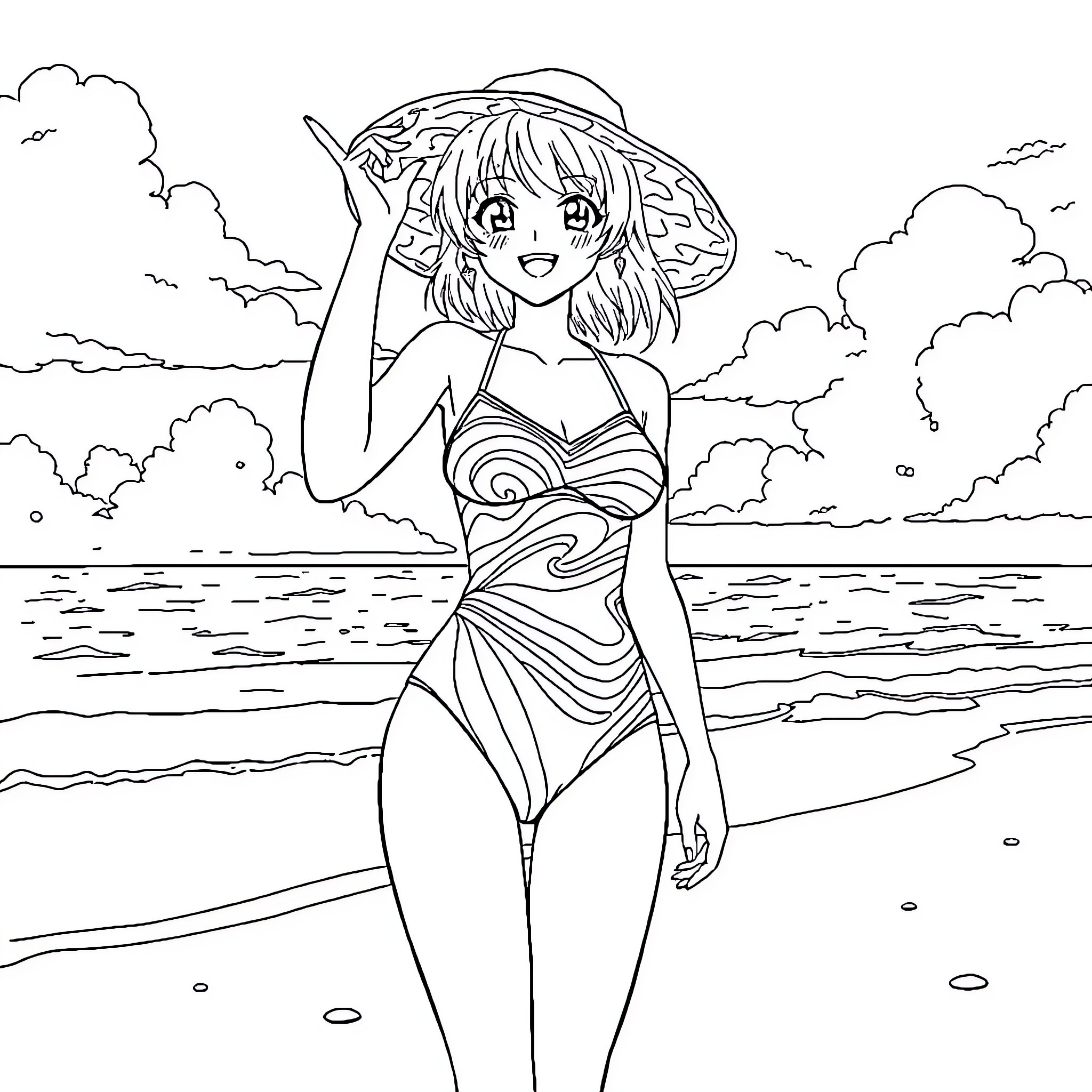 Tatsumaki enjoying the beach scenery Coloring Page (free black-and-white line drawing printable PDF for all, from beginners to advanced learners, including children, teens, adults, and seniors)