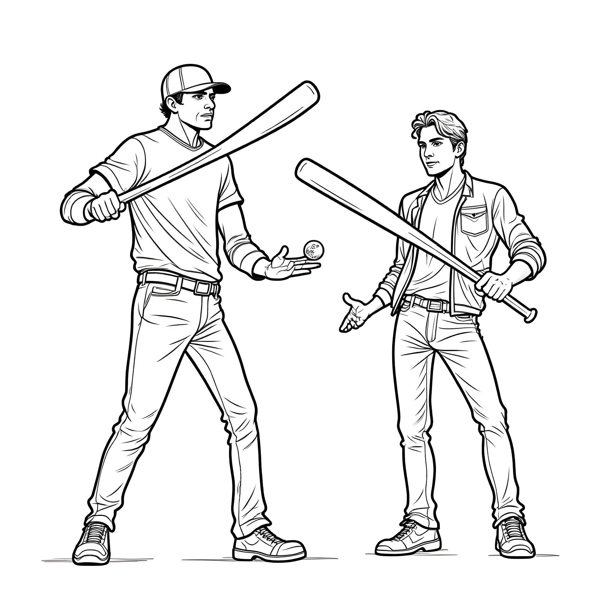 Winchester Brothers Prepare for a Baseball Game Coloring Page (free black-and-white line drawing printable PDF for all, from beginners to advanced learners, including children, teens, adults, and seniors)