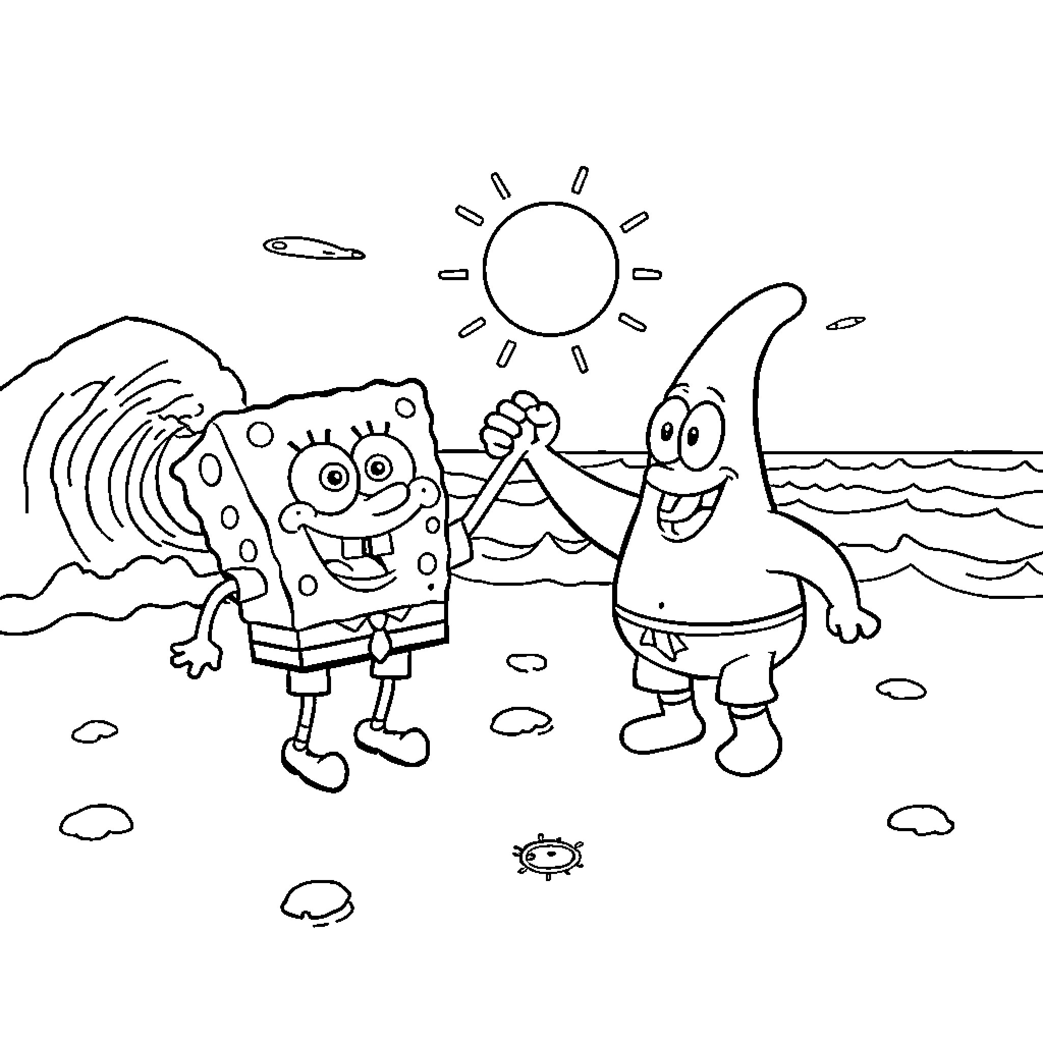 Spongebob and Patrick enjoying a sunny beach day Coloring Page (free black-and-white line drawing printable PDF for all, from beginners to advanced learners, including children, teens, adults, and seniors)