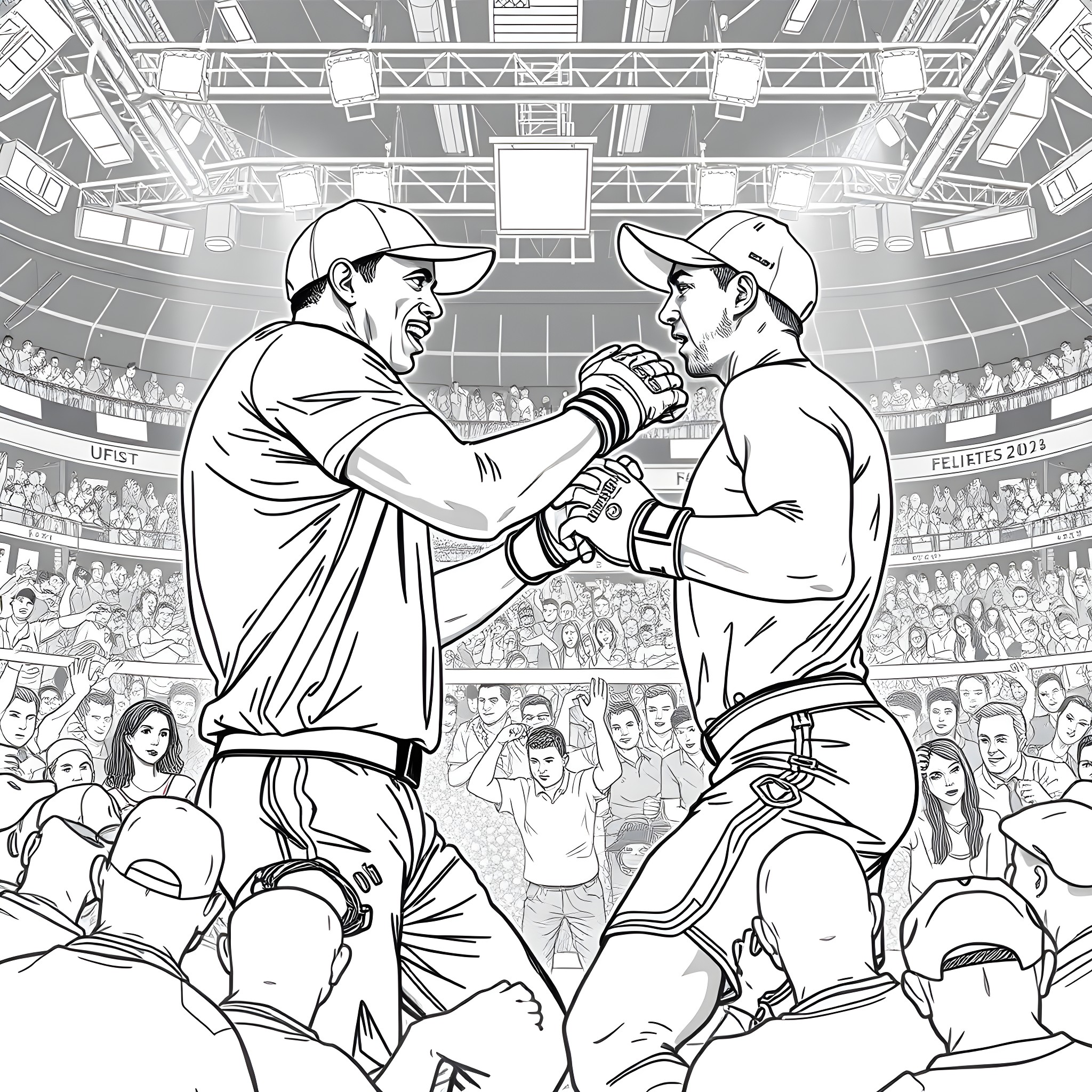 Tiger Wrestlers Competing in the Arena Coloring Page (free black-and-white line drawing printable PDF for all, from beginners to advanced learners, including children, teens, adults, and seniors)