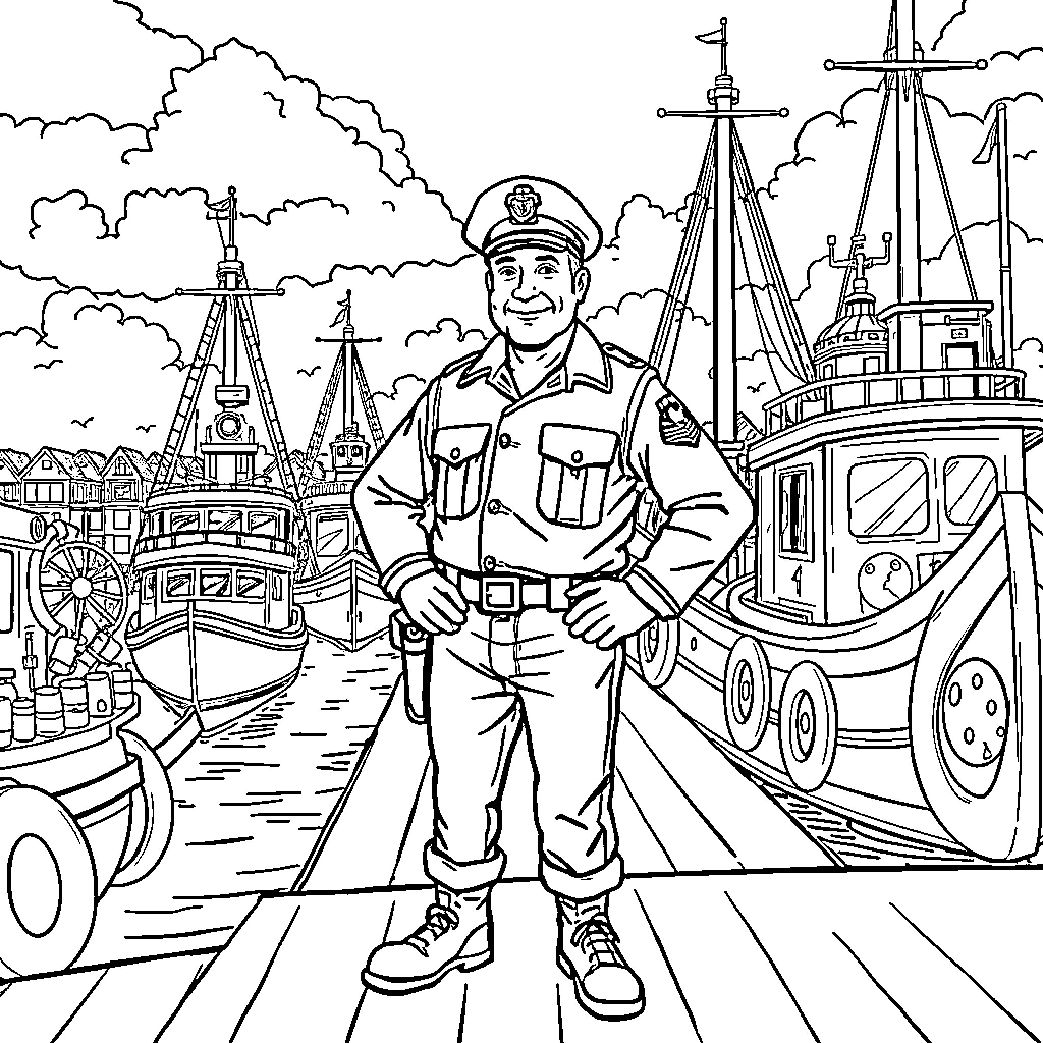 Ace Sailor Standing Tall on the Harbor Pier Coloring Page (free black-and-white line drawing printable PDF for all, from beginners to advanced learners, including children, teens, adults, and seniors)