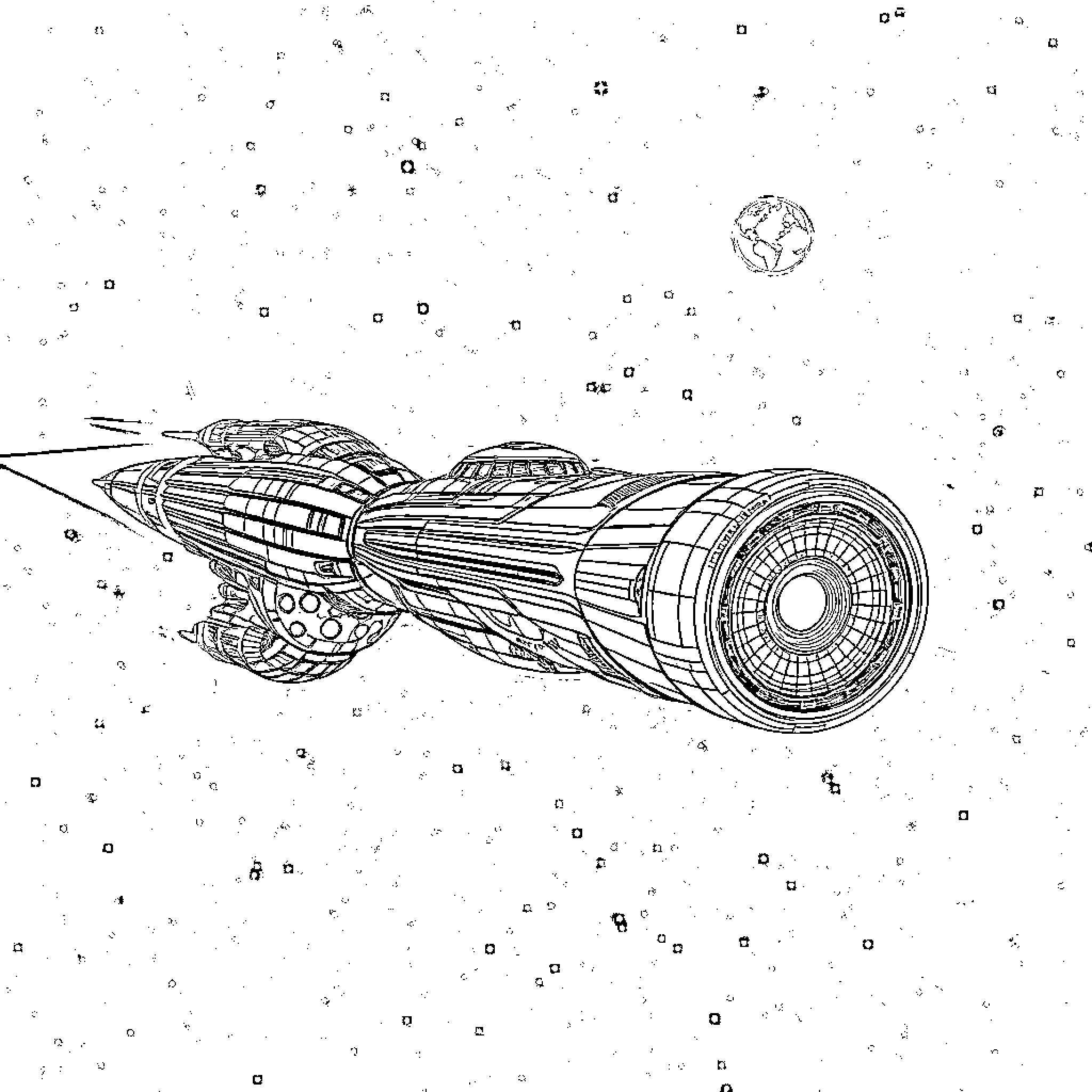 Vorlon spacecraft navigating through cosmic void Coloring Page (free black-and-white line drawing printable PDF for all, from beginners to advanced learners, including children, teens, adults, and seniors)