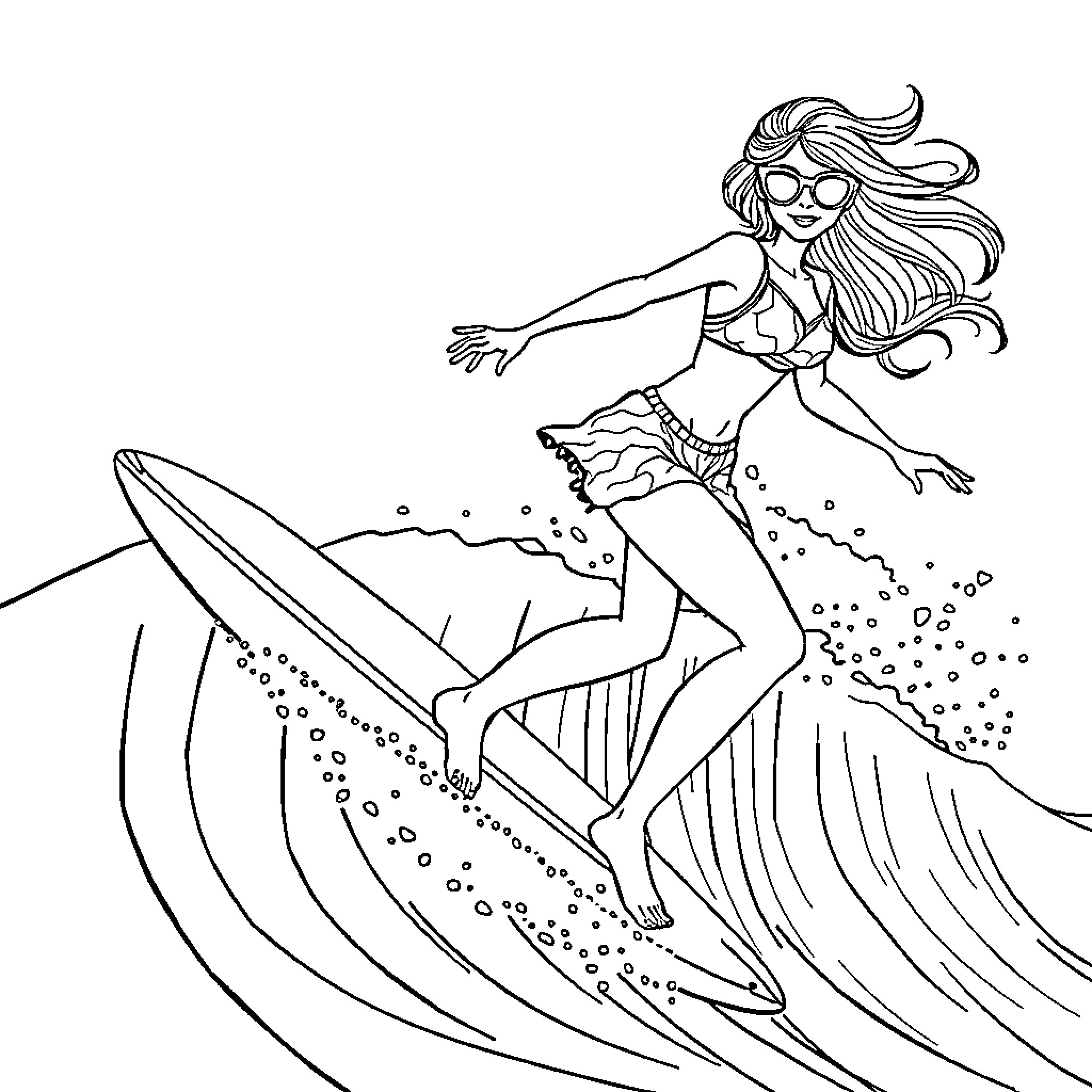 Snow Queen Surfing the Waves Coloring Page (free black-and-white line drawing printable PDF for all, from beginners to advanced learners, including children, teens, adults, and seniors)