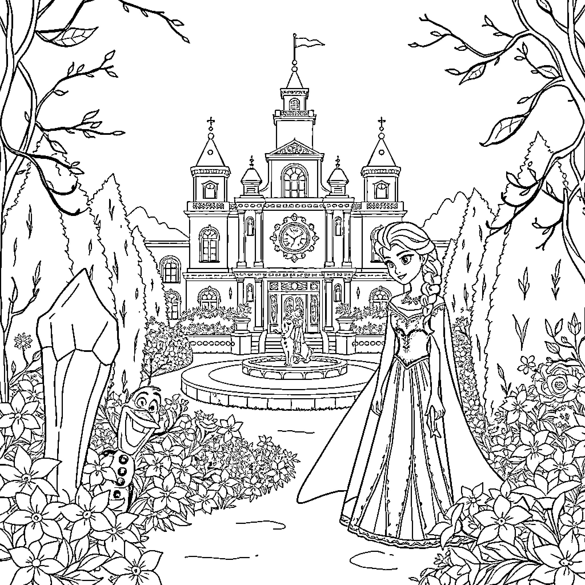 Frozen Fairy Tale Castle and Princess in Flowery Garden Coloring Page (free black-and-white line drawing printable PDF for all, from beginners to advanced learners, including children, teens, adults, and seniors)
